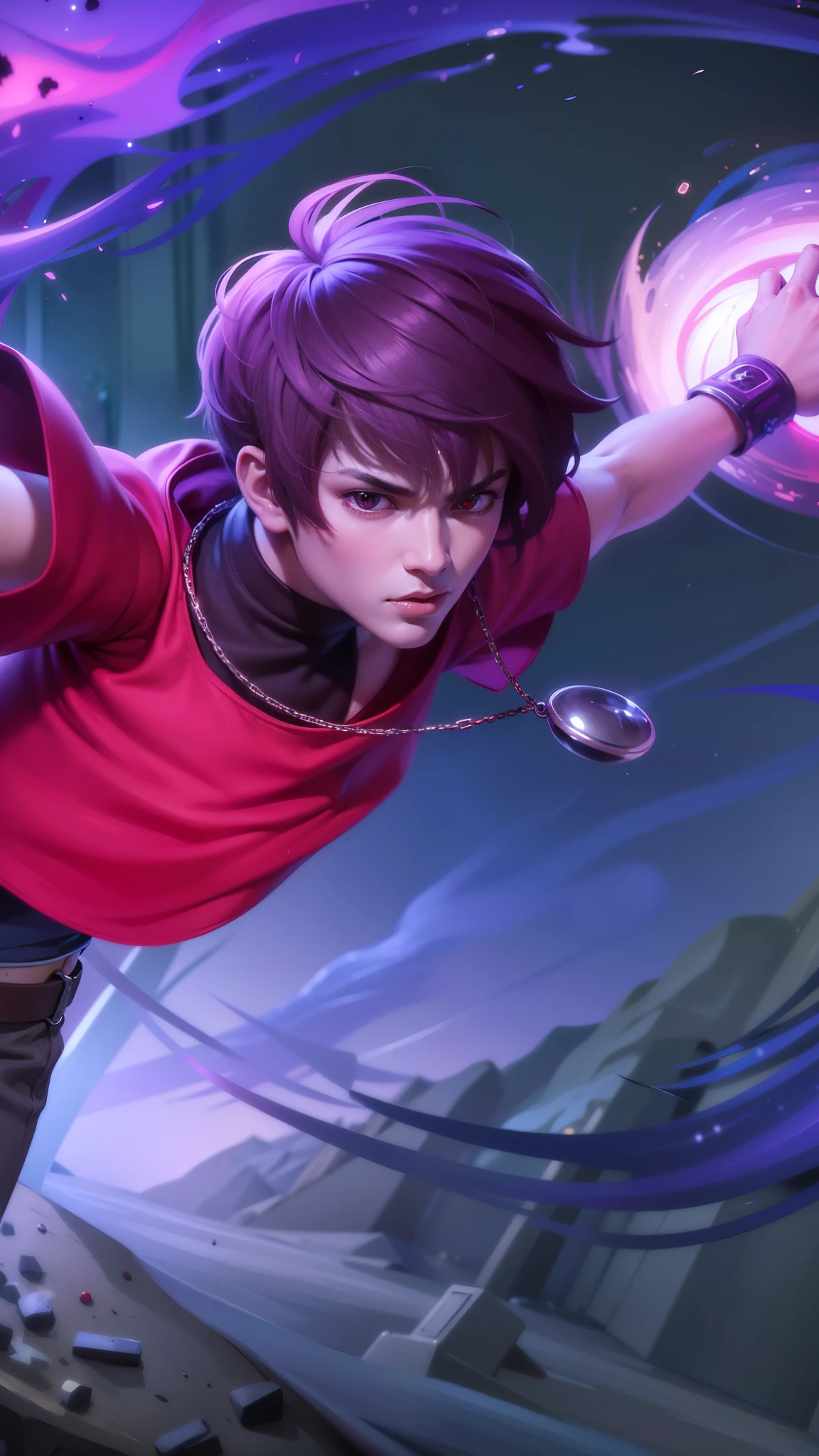 boy with purple hair and red shirt holding a purple ball, Masterpiece, ultra HD, detailed all picture, a close up of a devil, dyrroth from mobile legend, evil, extremely detailed artgerm, mobile legends character, inspired by Dyrroth, Six pack chest and abs, black jewel above the chest, strong red eyes, glare.