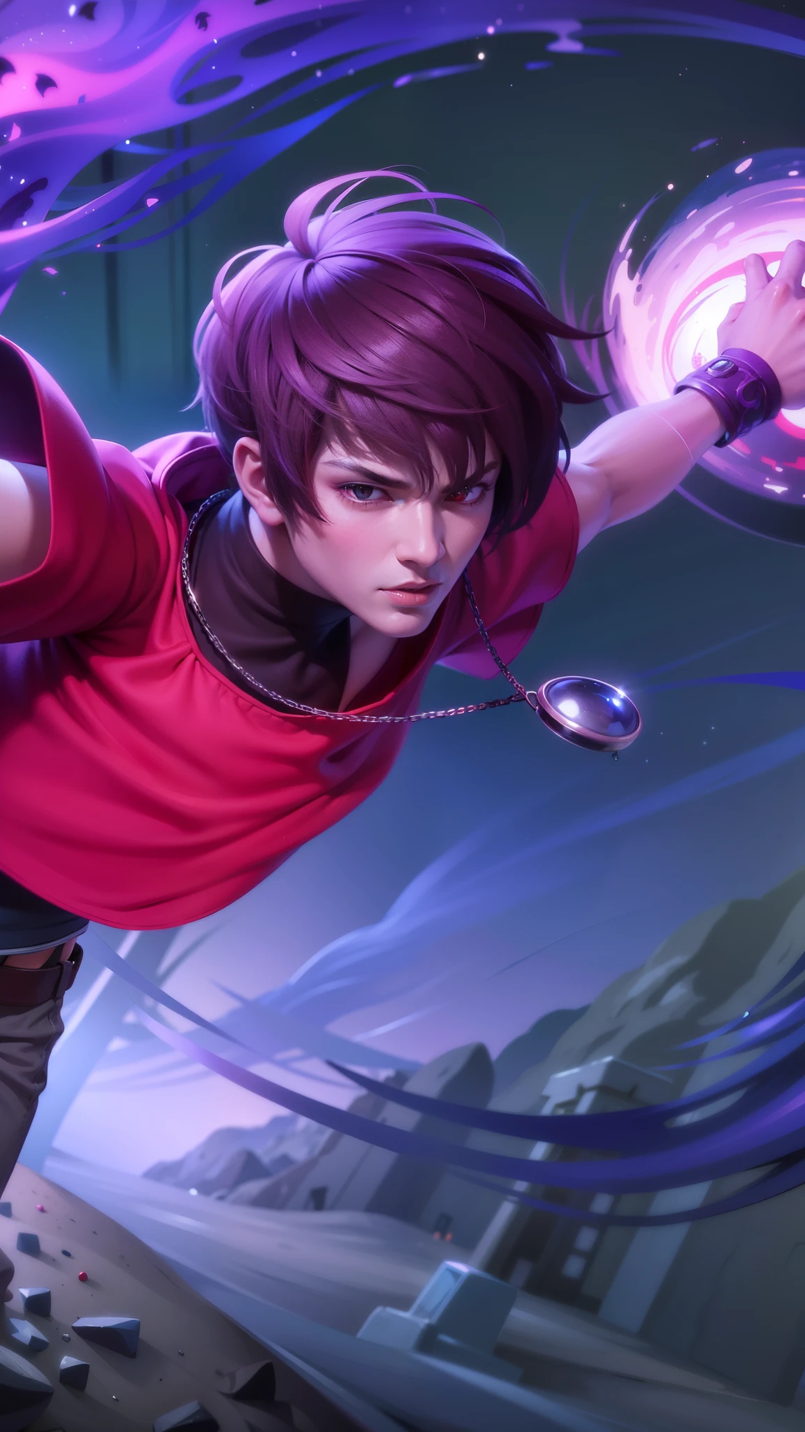 boy with purple hair and red shirt holding a purple ball, Masterpiece, ultra HD, detailed all picture, a close up of a devil, dyrroth from mobile legend, evil, extremely detailed artgerm, mobile legends character, inspired by Dyrroth, Six pack chest and abs, black jewel above the chest, strong red eyes, glare.