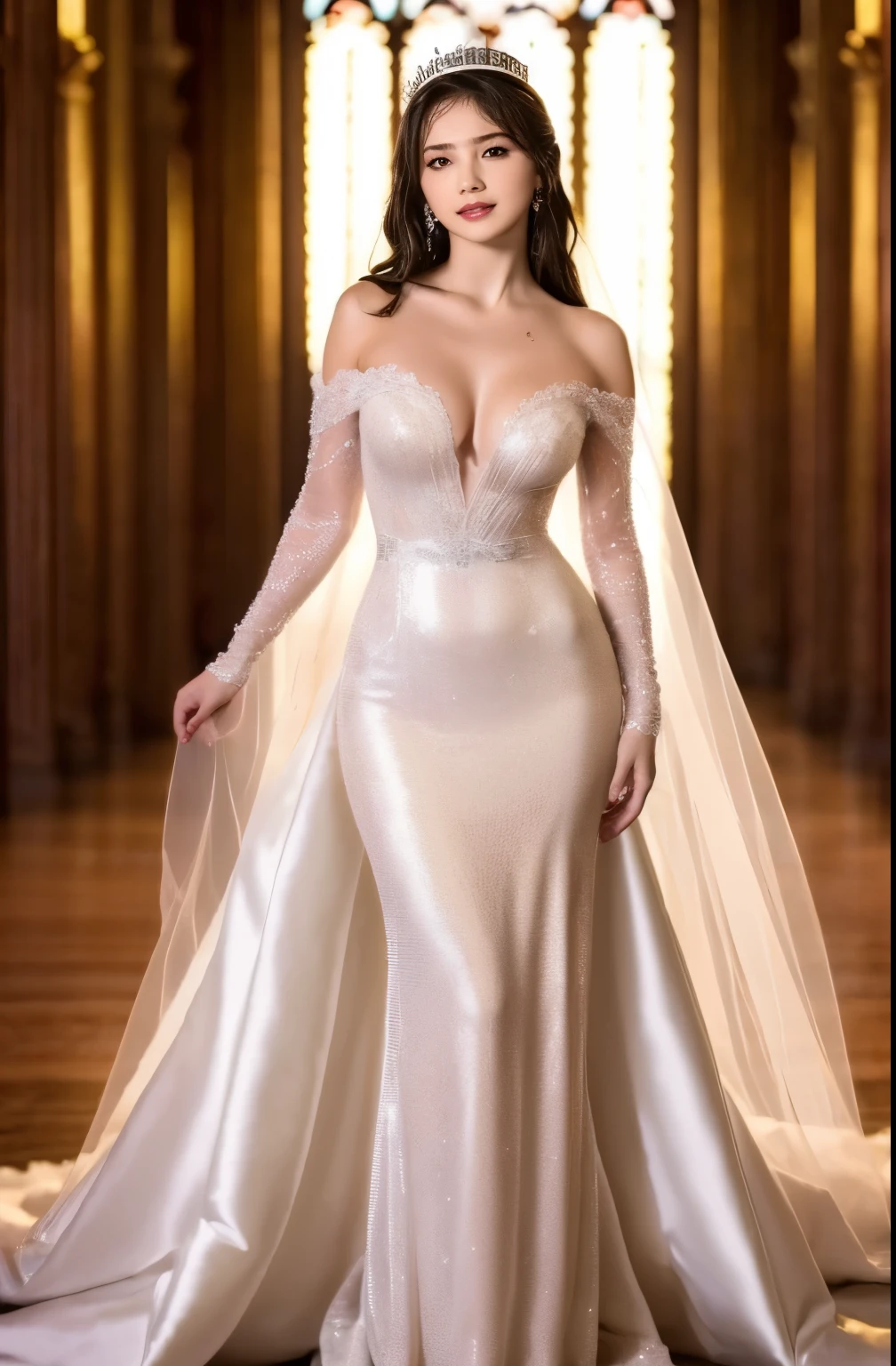 Naked,Full body like," Figure, Bride's outfit without shoulder straps,Small silver tiara,Colossal tits,sloppy and droopy breasts  ,Fully visible bust,Sheer princess skirt,Wedding in the church,There is a large crowd of participants behind you, the perfect body, (Best Quality, 4K, 8K, High resolution, masutepiece:1.2), Ultra-detailed, (Realistic, Photorealistic, Photorealsitic:1.37), royal, Captivating, (Vibrant colors, sharp chest:1.1), Soft lighting", transparent dress. micro bikini. deep breasts cleavage. naked thighs. 