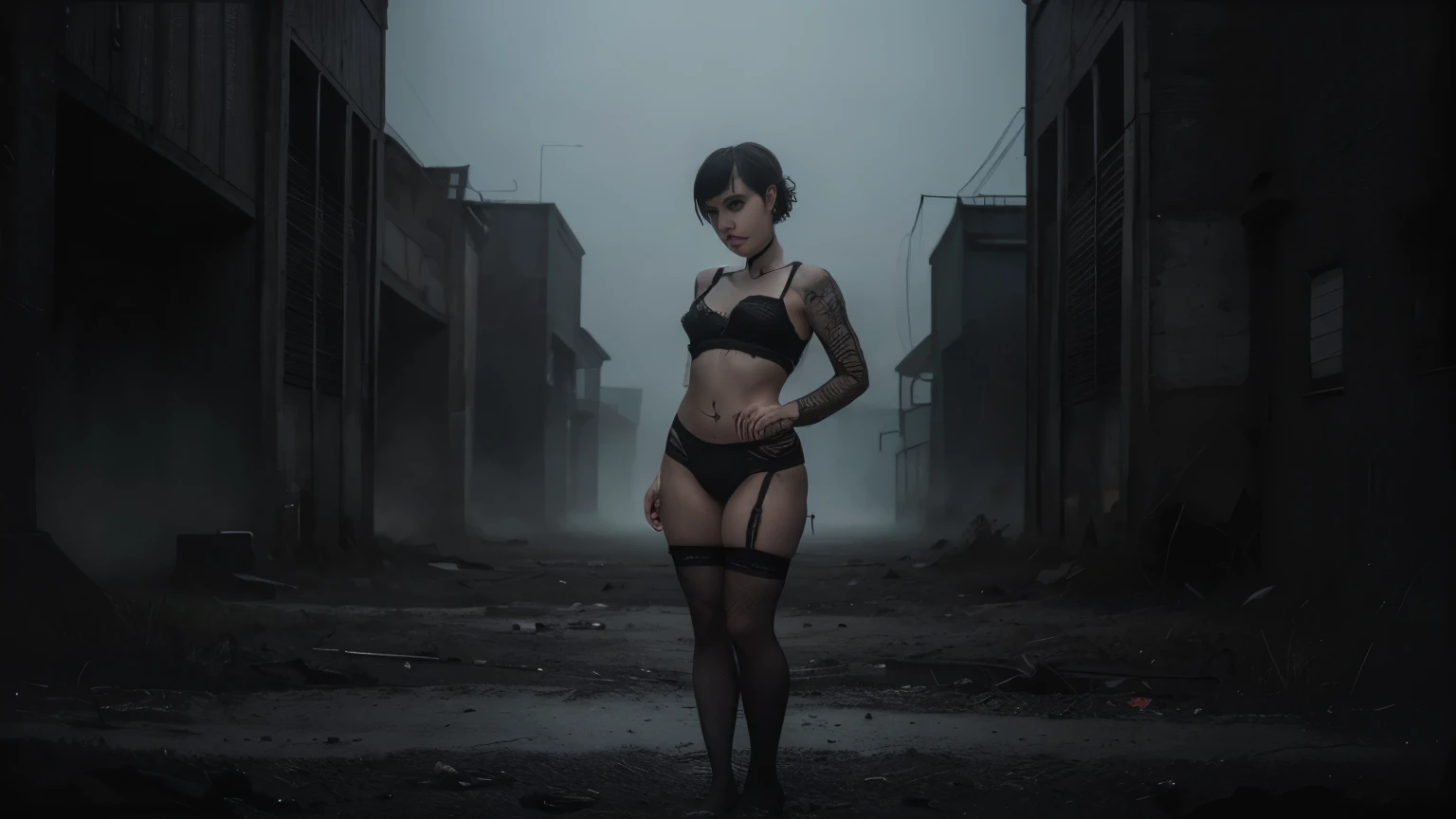 (Best Quality,hight resolution,Masterpiece, full body view:1.2),Ultra-detailed,woman dressed in black high waisted thong,sickly,standing in a creepy foggy abandoned city, fishnet lace stockings, black g-string thong, half body shot, intricate high waisted black thong and bra, centered subject,gloomy ecstasy,fetish,dark gloomy atmosphere, creepy atmosphere, gritty texture,Retro-atmosphere,warped reality,melancholic expression on his face,mysterious aura,foggy atmosphere,foggy background,Subtle color palette,provocative pose,Strong emotions,Coming Out of the Depths of Despair,Piercing gaze,intense shadows,Plunged in Darkness,dark industrial aesthetic,ominous vibe,A supernatural sensation,Loss of Place in Time and Space,Eerie silence.asymmetrical bangs, freckles, black short hair, Bangs, freckles, gray eyes,