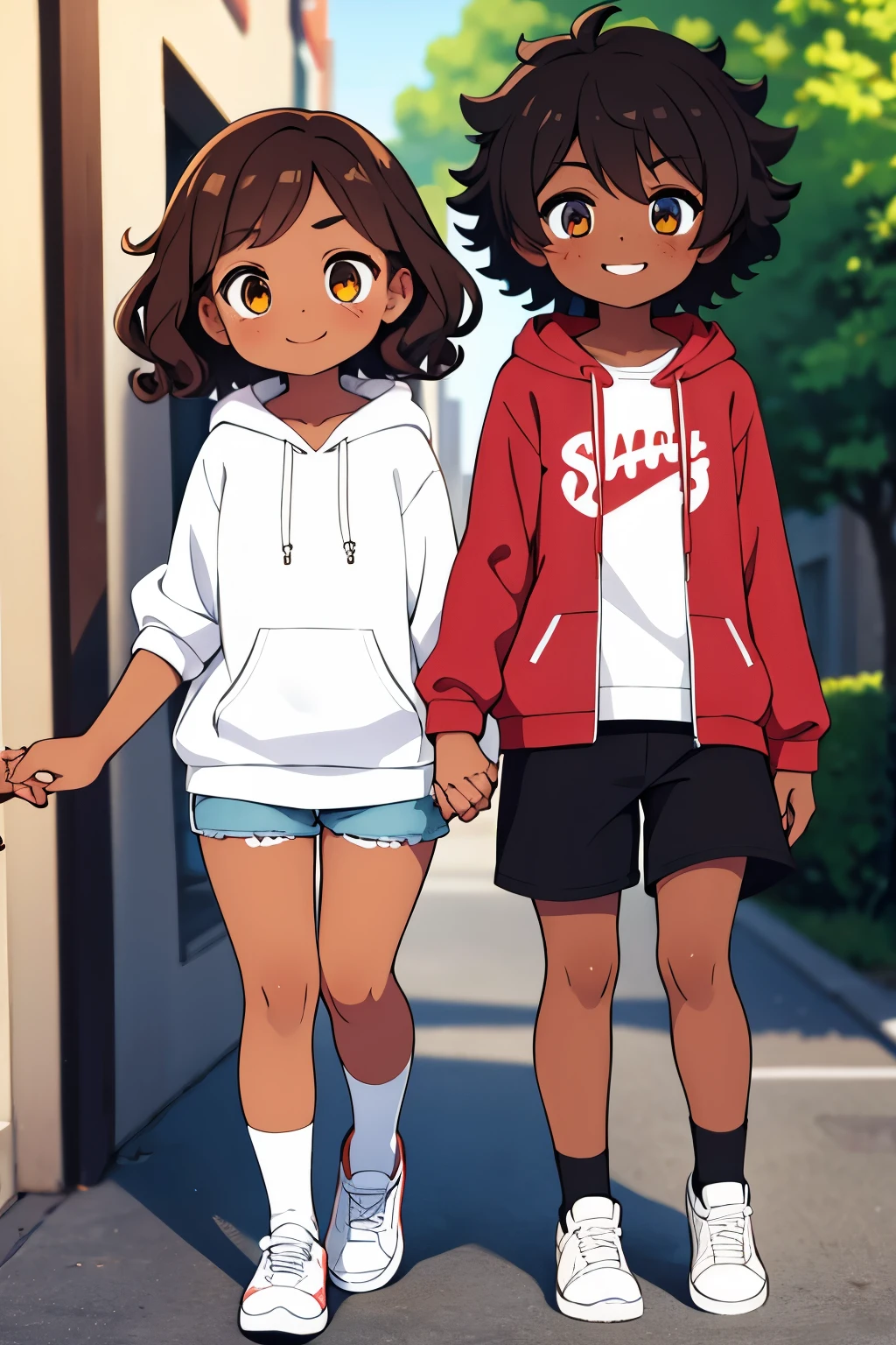 Dark brown hair, freckles, amber eyes, smiling, shy, hoodie, shorts, white sneakers, short curly hair, fairly dark skin tone, holding hands with a best friend,