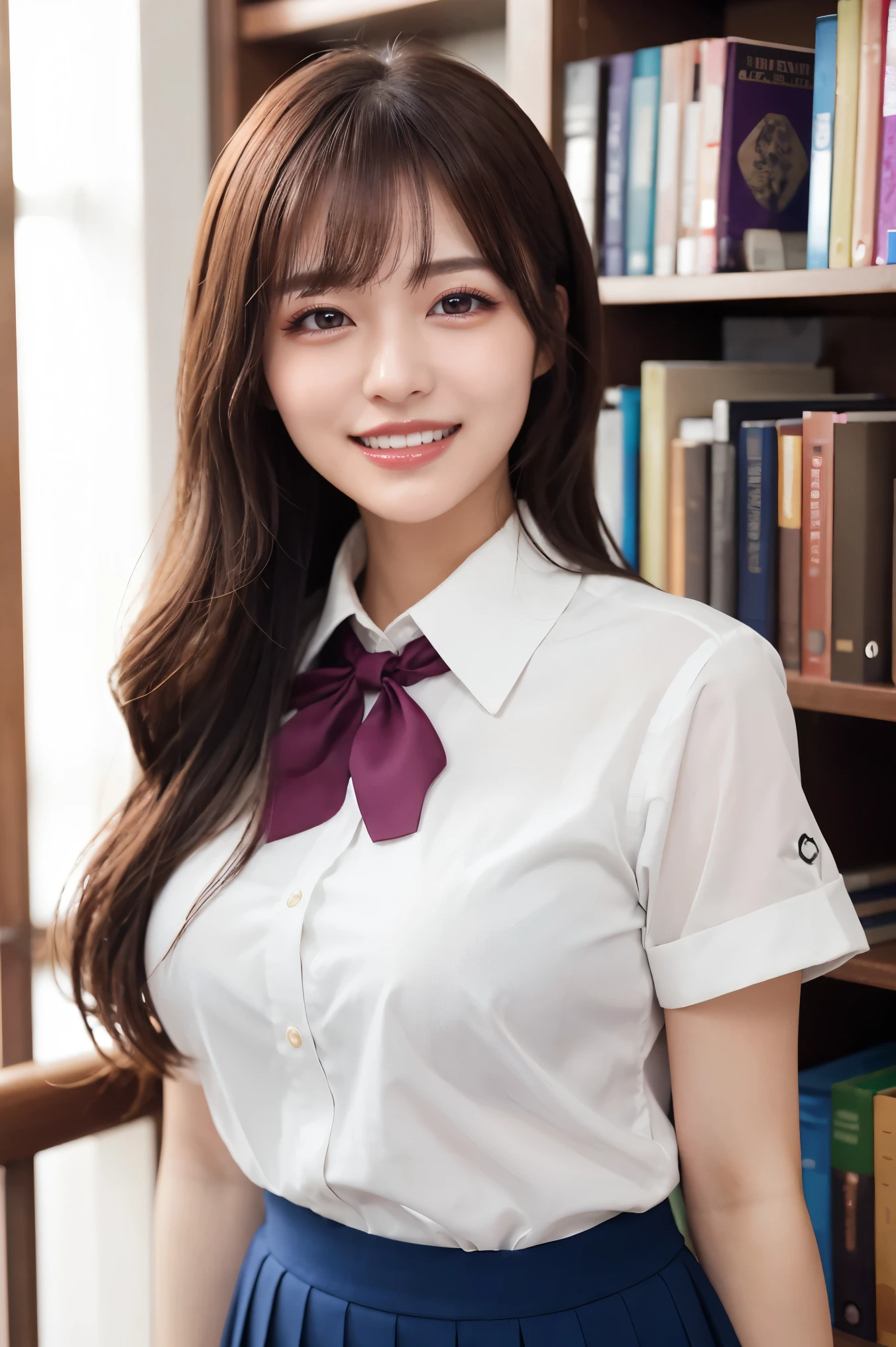 (highest quality、Tabletop、8k、Award-winning works、Ultra-high resolution、Best image quality)、(High school girl in high school uniform:1.1)、(White polyester collared shirt:1.1)、Pleated skirt、(The most beautiful smile is looking at me:1.1)、(Laugh out loud, Show off your beautiful teeth:1.1)、Beautiful and elegant very long wavy hair、Brown Hair、library、(Standing Elegantly:1.1)、Stand next to a bookshelf、(Perfectly organized bookshelf:1.1)、Bookshelf in the background、居心地の良いlibrary、lipstick、Long eyelashes、Heavy makeup、Perfect Makeup、Colored contact lenses、Accentuate your body lines、Big ample breasts、Soft and warm lighting、Detailed bookshelf、(Ultra-high resolutionの正確な美しい髪:1.1)、(Accurate anatomy:1.2)、Ultra-high definition beautiful eyes、Ultra-high definition beautiful teeth