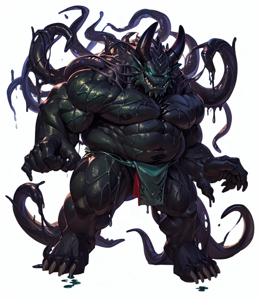 there is a midnight green monster with horns, his trunk is a long tentacle, his trunk is a huge tentacle, (midnight green skin, midnight green skinned), fat ripped satanic creature, muscled humanoid balrog demon, teal eye, (tentacle beast), symbiote, dark supervillain, full body savage devilman, midnight green dragon, (slime demon), slime skin, water like skin, commission for high res, full body dragon concept, (wearing loincloth and shirtless)