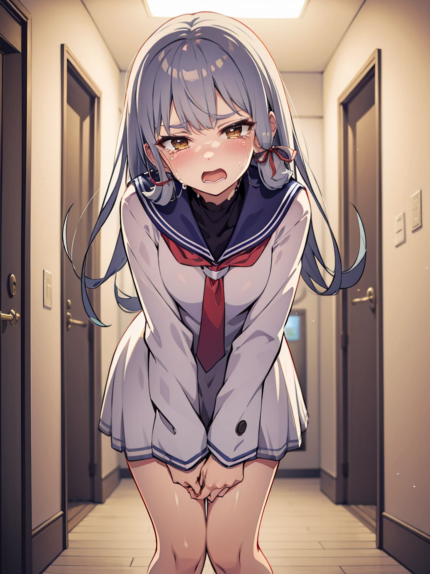 murakumo (kancolle), long hair, solo, dress, sailor dress, orange eyes, grey hair, red necktie, ribbon, hair ribbon, sailor collar, bangs, sidelocks, white dress, tress ribbon, blue sailor collar, necktie, neckerchief, (small breasts, little body), (short stature:1.2), 1 little gilr , solo, looking at viewer
BREAK 
(sfw:1.3), have to pee, (hand between legs), leaning forward, pigeon-toed, (knock)
BREAK
(anger), (crying), (blush), (open your mouth:1.3), wavy mouth
BREAK
official art, best masterpiece, best quality, best resolution, 8K, best detailed, highly detailed hands, highly detailed fingers, very detailed mouth, perfect anatomy
BREAK
(door, hallway), dust, dust, light particles, very fine and detailed 16KCG wallpapers