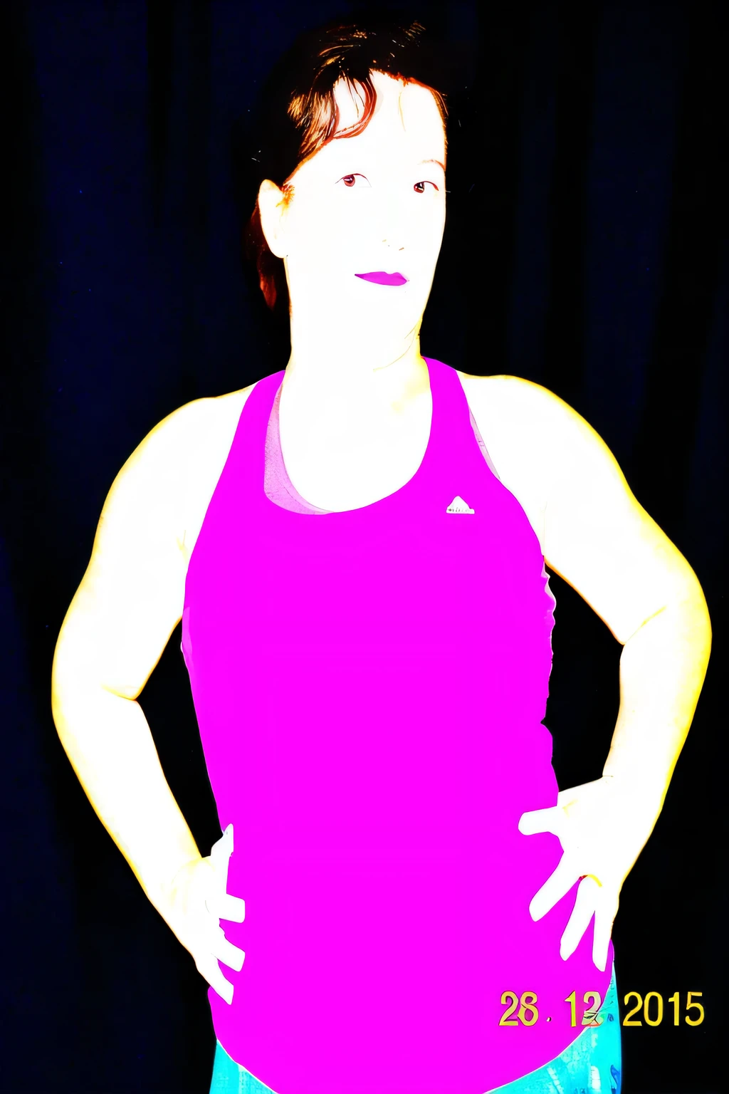 there is a woman in a pink tank top posing for a picture, glamour shot, mid body portrait, half-body shot, half - body shot, fit pic, hard lighting!, full photo, photo shoot, frontal pose, posing in dramatic lighting, upper body shot, full body portrait shot, violet tight tanktop, half body shot, full body and head shot