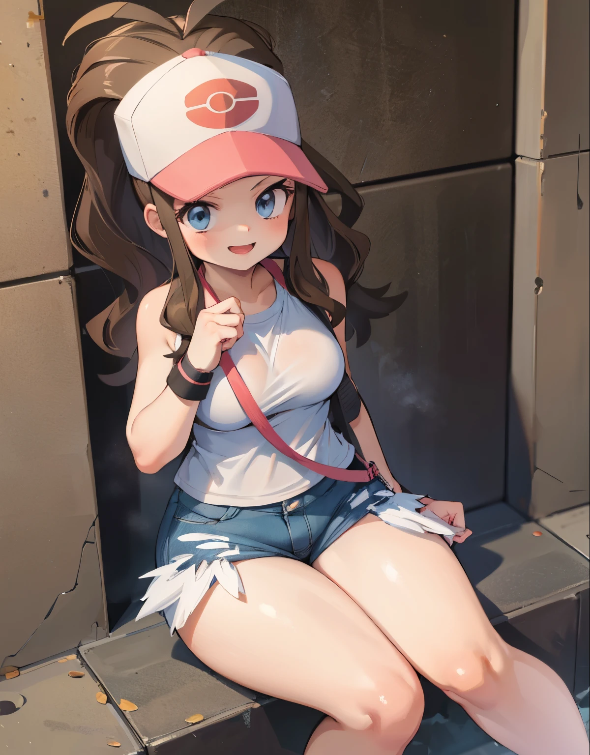 Pokemon Hilda, Pokemon Hilda, blue eyes, brown hair, long hair, ponytail, (small breasts:1.2),
break baseball cap, blue shorts, denim, have, shorts, vest, Wristband, No sleeve, black vest, white shirt, shirt,Rising nipples、No bra、
break looking at viewer, (Upper body:1.2),
break outdoors, city, null,
break (masterpiece:1.2), highest quality, High resolution, unity 8k wallpaper, (figure:0.8), (beautiful and fine eyes:1.6), highly detailed face, perfect lighting, Very detailed CG, (perfect hands, perfect anatomy),