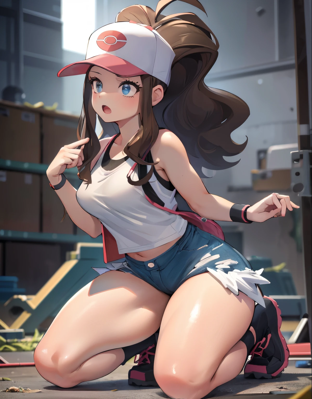 (best quality,4k,8k,highres,masterpiece:1.2),ultra-detailed,(realistic,photorealistic,photo-realistic:1.37)highres,portrait,beautiful girl, ultra-detailed, realistic:1.37, sketches, hilda pokemon, def1, detailed eyes, beautiful eyes, anime style eyes, perfect hands, curvy, visible thighs, chubby thighs, thighs in the foreground, kneeling on the ground, annoyed look, open mouth, encanto femenino, in a abandoned warehouse, dinamic pose