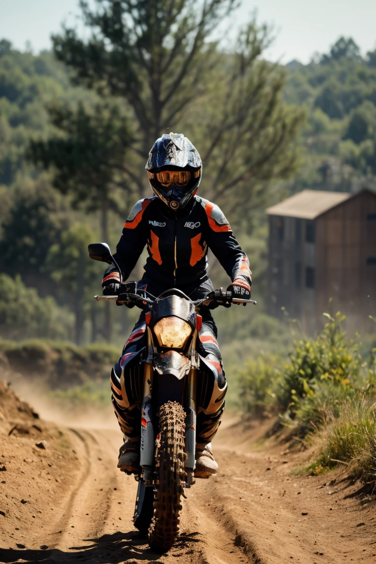 best quality,realistic,(portrait),full body shot,wharf scene, beautiful detailed eyes, beautiful detailed lips, shiny smooth light brown shoulder-length hair, glamorous shape, sexy cyborg woman riding a KTM 450 motocross motorcycle, powerful engine, metallic body, sleek design, reflecting the sunlight, intense focus, dirt track, splashing mud, dynamic movement, blurred background, vibrant colors, golden hour lighting