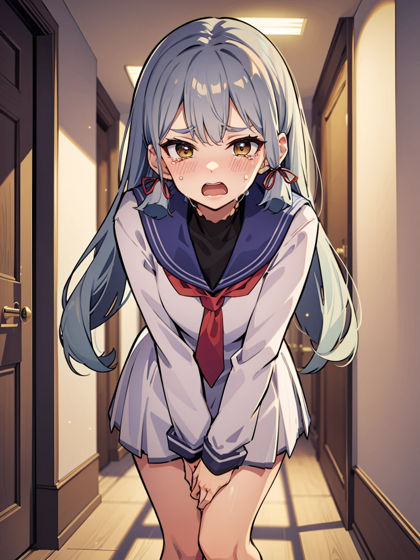 murakumo (kancolle), long hair, solo, dress, sailor dress, orange eyes, grey hair, red necktie, ribbon, hair ribbon, sailor collar, bangs, sidelocks, white dress, tress ribbon, blue sailor collar, necktie, neckerchief, (small breasts, little body:1.1), (short stature:1.2), 1 little gilr , solo, looking at viewer
BREAK 
(sfw:1.3), have to pee, (hand between legs), leaning forward, pigeon-toed, (knock)
BREAK
(anger), (crying), (blush), (open your mouth:1.3), wavy mouth
BREAK
official art, best masterpiece, best quality, best resolution, 8K, best detailed, highly detailed hands, highly detailed fingers, very detailed mouth, perfect anatomy
BREAK
(door, hallway), dust, dust, light particles, very fine and detailed 16KCG wallpapers