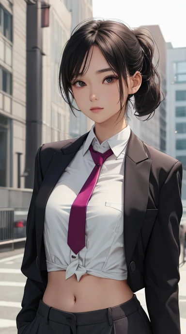Woman in crop top button shirt, neck tie, suit, business , pen in a pocket, showing abdomen area