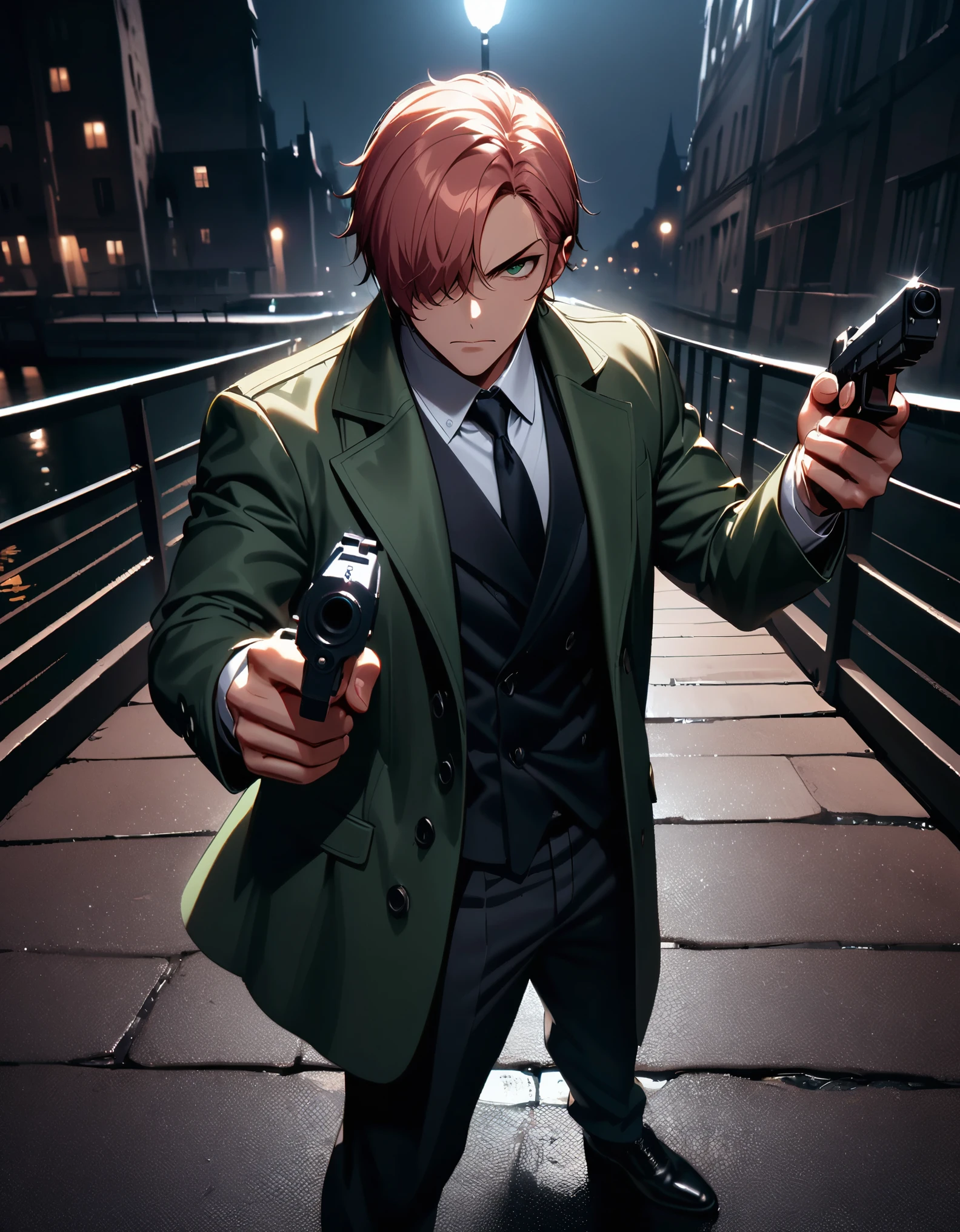 masterpiece, best quality, hyper detailed, ultra detailed, 1man, solo, solo focus, arafed french man in a coat, (pointing pistol at the viewer, glock17), tall body, middle-aged man, professional, relaxed but determined, serious but cool, he's a hitman in peacoat, he is wearing a green trenchcoat, darkgreen suit and tie, slacks, black dress shoes, full body and head shot, full body shoot, full-body-shot, fullbody shot, dock, paris, night backdrop, film noire atmosphere, reddish grey hair, green eyes, hair over one eye, secret agent, spy, midnight, noir lighting.