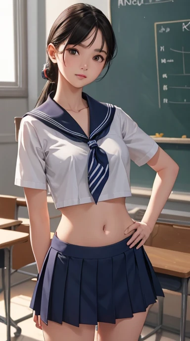 Woman in classroom, ((crop top sailor suit)), blue student skirts, open navel, open belly, (show abdomen area), dress properly , well dress
