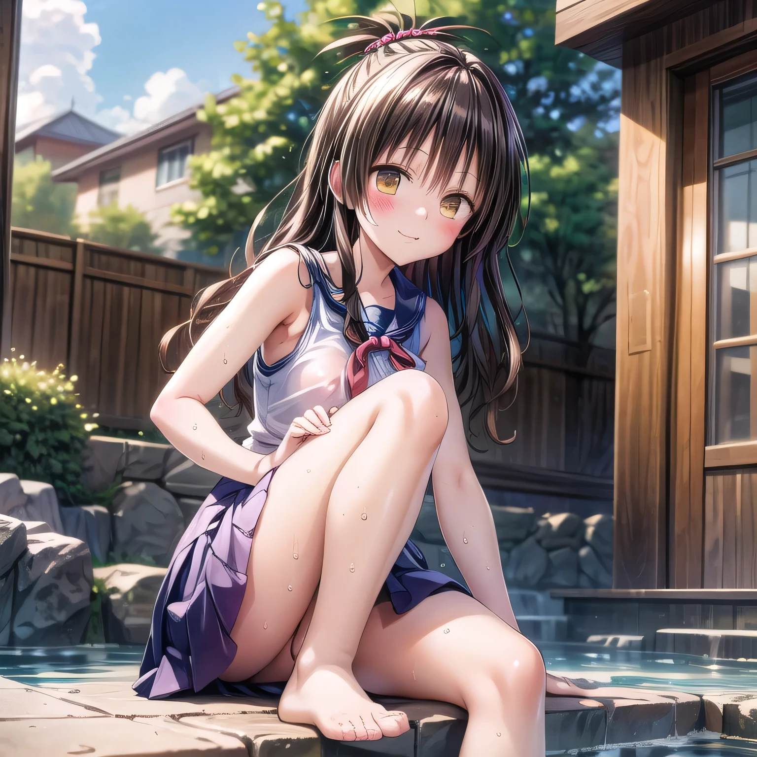 realistically, hair ornament, outdoor, onsen, daytime, lightray, glitter hair, brown eyes, glowing eyes, white short skirt, ultra shot skirt, Blush, daytime, Wet, see through, sleeveless shirt, nipples, pussy, armpit, , pussy, tricky smile, (((sit with knees raised))), windy, mikan, (((wind blow skirt up))), masterpiece, highest quality, Highest resolution, highest detailed face, perfect hands, perfect anatomy, lift left hand,