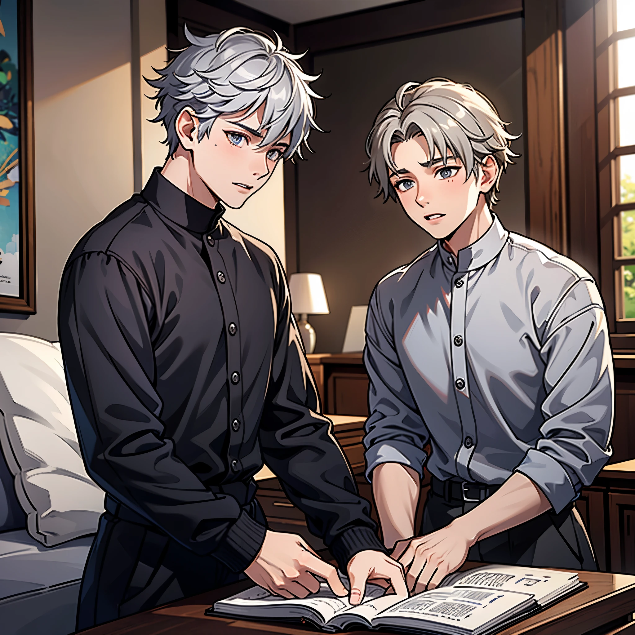 There are two boys, they are brothers, ************, gray hair, gray eyes, talking worriedly.