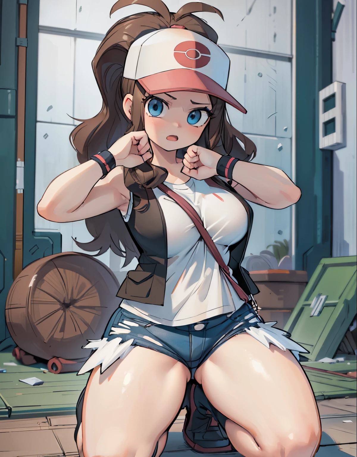 (best quality,4k,8k,highres,masterpiece:1.2),ultra-detailed,(realistic,photorealistic,photo-realistic:1.37)highres,portrait,beautiful girl, ultra-detailed, realistic:1.37, sketches, hilda pokemon, def1, detailed eyes, beautiful eyes, anime style eyes, perfect hands, curvy, visible thighs, chubby thighs, thighs in the foreground, kneeling on the ground, annoyed look, open mouth, encanto femenino, in a abandoned warehouse, dinamic pose