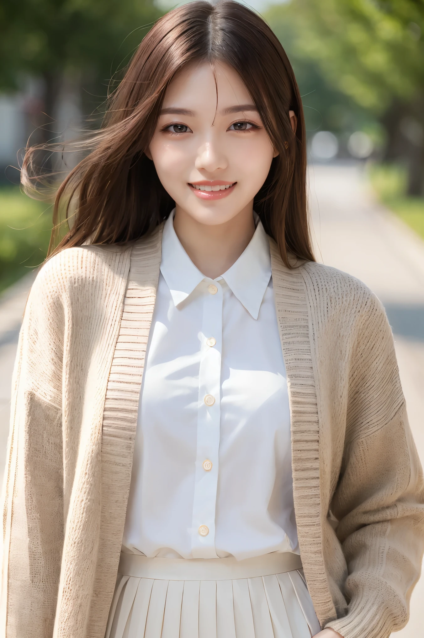 ((highest quality、Tabletop、8k、Best image quality))、One high school girl、(The perfect long cardigan:1.1)、(White polyester collared shirt:1.1)、(Navy Pleated Skirt:1.1)、Happiest and best smile、Smiling widely and showing beautiful teeth、look at me、Beautiful and elegant very long wavy hair、Brown Blonde、(I'm in the library:1.1)、Stand next to a bookshelf、(A perfectly organized bookshelf:1.1)、(Bookshelf in the background:1.1)、(A cozy library:1.1)、lipstick、Long eyelashes、Heavy makeup、Perfect Makeup、Colored contact lenses、Accentuate your body lines、Big ample breasts、Soft and warm lighting、Detailed bookshelf、(Ultra-high resolution, Accurate, Beautiful Hair:1.1)、(Accurate解剖学:1.2)