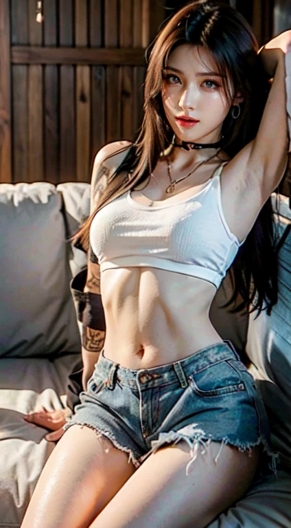 (((best quality, 8k, Masterpiece:1.4)), (20 year old woman), Masterpiece, different, high resolution, High quality, wide angle, small face, female, Sagging breasts, fit, stretch, gentle face, Bare shoulders, midriff, down shirt. (Long, blonde, very wavy hair.)
(Sitting alone on the sofa in the living room) (ซีคอมSagging breastsนุ่ม) winter forest winter: 1.3 big eyes: 1.3 ห้างสรรพสินค้า เค้กพุง สวมหมวกสีดำ Sagging breasts หน้าอกใหญ่, high resolution, 1 woman, choker,Necklace for glowing skin, alone, tattoo, decorate, pink lips, long hair, blue eyes, sharp eyeliner, Eye shadow blush with thick eyelashes, Very delicate and beautiful, round chin,gag, hips up, Open the abdomen., small low waisted shorts