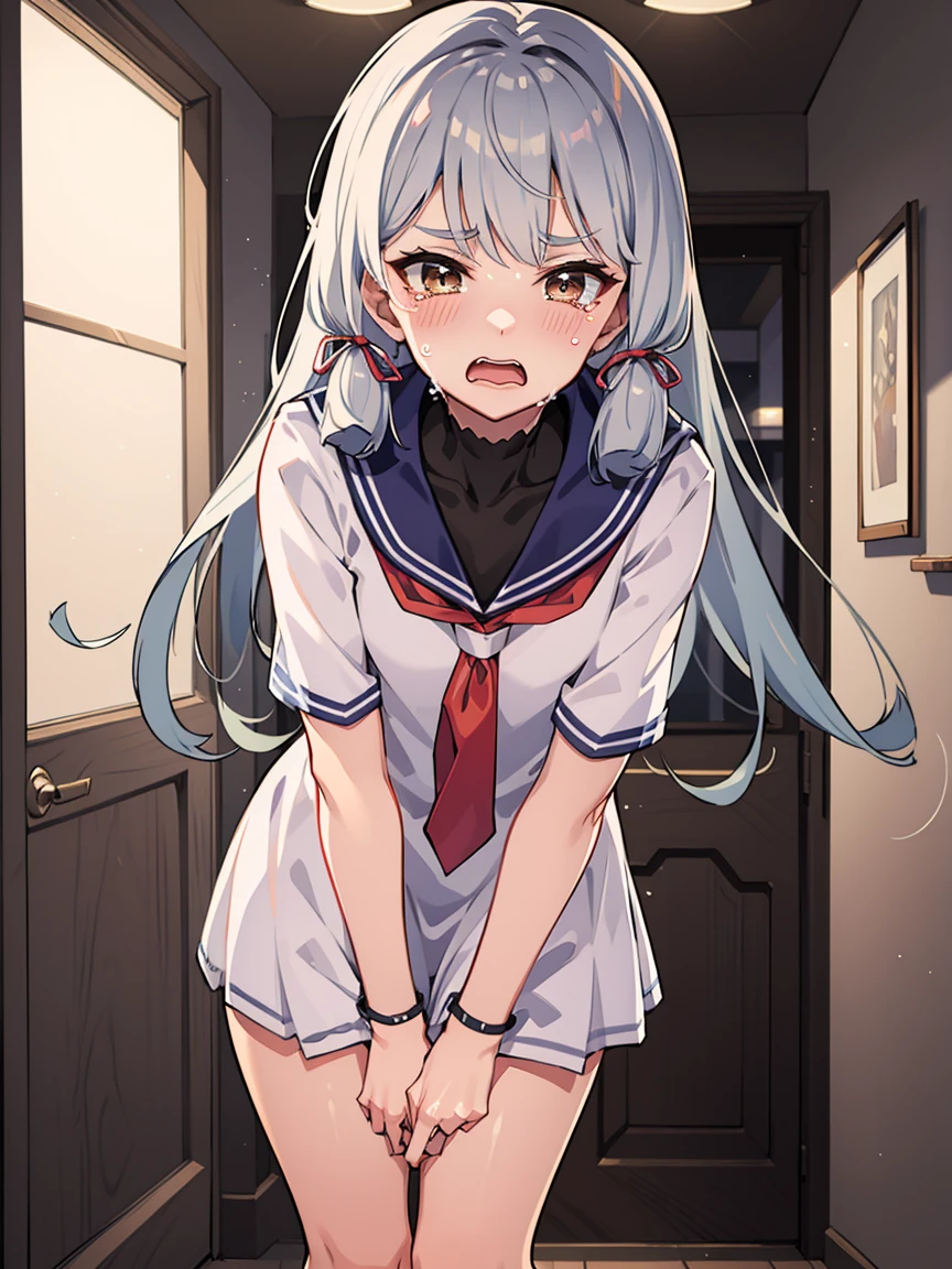 murakumo (kancolle), long hair, solo, dress, sailor dress, orange eyes, grey hair, red necktie, ribbon, hair ribbon, sailor collar, bangs, sidelocks, white dress, tress ribbon, blue sailor collar, necktie, neckerchief, (small breasts, little body:1.1), (short stature:1.2), 1 little gilr , solo, looking at viewer
BREAK 
(sfw:1.3), have to pee, hand between legs, leaning forward, pigeon-toed, (raise one hand)
BREAK
(anger), (crying), (blush), (open your mouth:1.3), wavy mouth
BREAK
official art, best masterpiece, best quality, best resolution, 8K, best detailed, highly detailed hands, highly detailed fingers, very detailed mouth, perfect anatomy
BREAK
(door, hallway), dust, dust, light particles, very fine and detailed 16KCG wallpapers