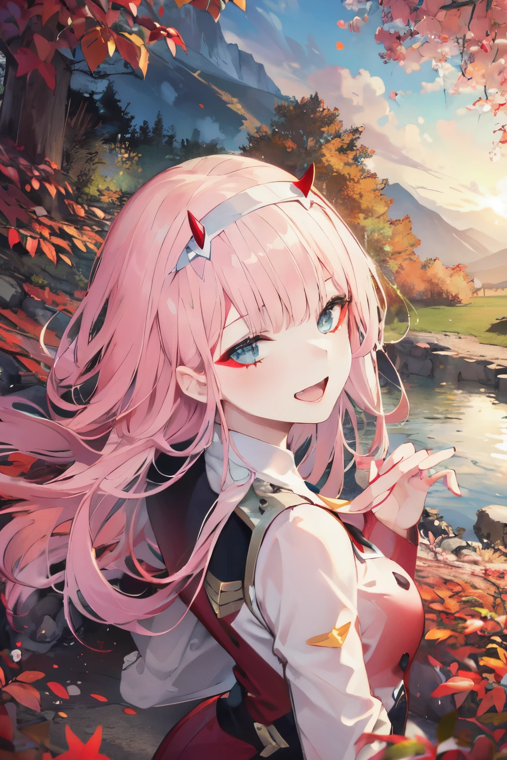 ((masterpiece)), (best quality), official art, extremely detailed CG, unity 8k wallpaper, ultra detailed,
1girl, zero_two, long hair, horns, hairband, white hairband, medium breasts, very long hair, straight hair, red horns, blue eyes,  necktie, uniform, military, military uniform, long sleeves,  (white boots:1.4), black pantyhose, thick thighs, open mouth, 
smile,
outdoors, upper body, 
mountain, autumn leaves, wind, 
sketch lines, sketch, pastel, watercolor, 