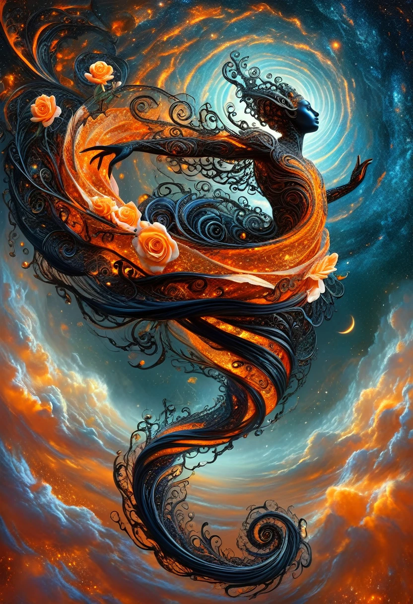 ethereal fantasy concept art of [giant musical note : black and orange scales blooming rose : 4], ephemeral filigree distortion, from above, [muted colors : vivid colors : 5], style of james gurney and benjamin carre . magnificent, celestial, ethereal, painterly, epic, majestic, magical, fantasy art, cover art, dreamy DonM3l3m3nt4lXL, 