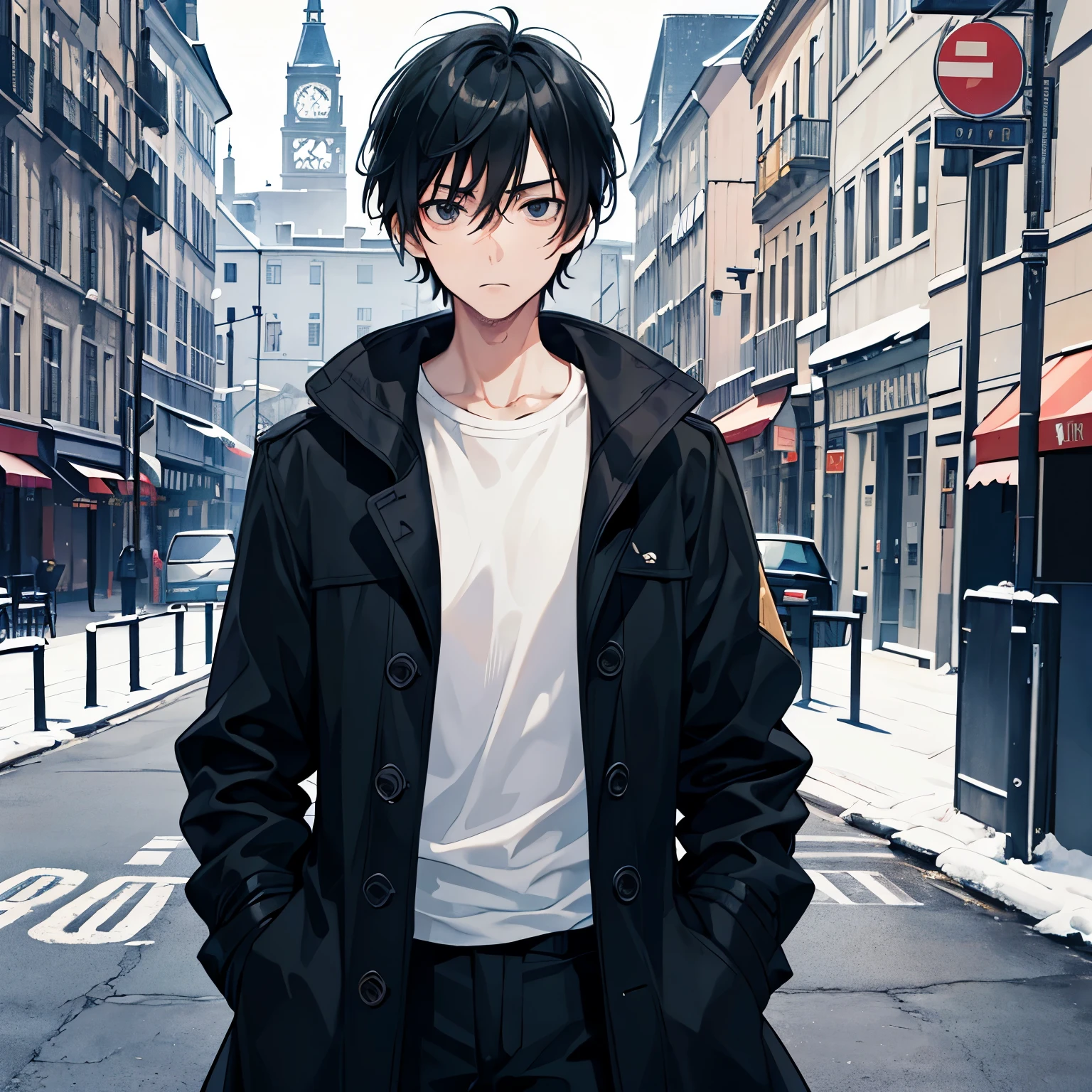 a man solo, 40 years old, black hair, very short hair, black eyes, droopy eyes, very thin eyebrows, standing, fair skin, skinny, Inverness coat, upper body, (confused:1.2)
