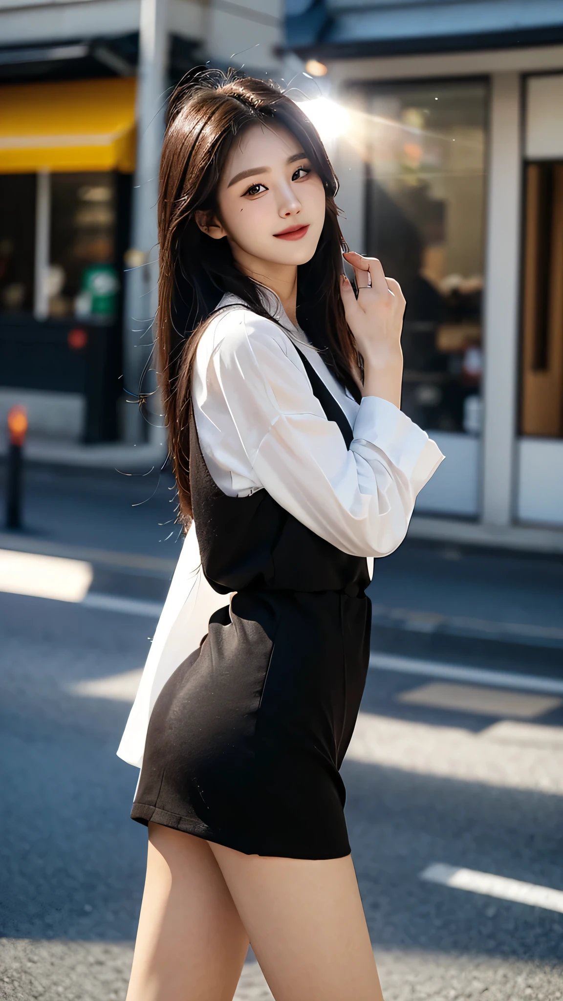 ​masterpiece、top-quality)、1 beutiful girl、Slim body、((Black and white plain clothes:1.1))、((Wearing black sunglasses )), (Detailed beautiful eyes), ((Detailed skin)) , ((Detailed beautiful hair)), Walk around the store、((Boyish Brown Medium Hair))、((Smaller face))、((Neutral face))、((Face seen from the side))、((Light brown eyes))、((Korean Girl))、((18year old))、((cool lady))、((A shy smile on his face))、((Korean Makeup))、((elongated and sharp eyes))、((Happy dating))、((looking distantly))、((boyish))、((Shot from the same height as your face))、((Shorter than viewer))、((She is running ahead of the viewer))、((Hold your mouth with your hand)), ((CG rendering)), ((Blurred background)), ((deep shadow)),  ((16K)),  ((Very detailed)), ((wallpaper)), ((depth of field)), ((movie light)), ((lens flare, Ray tracing)).