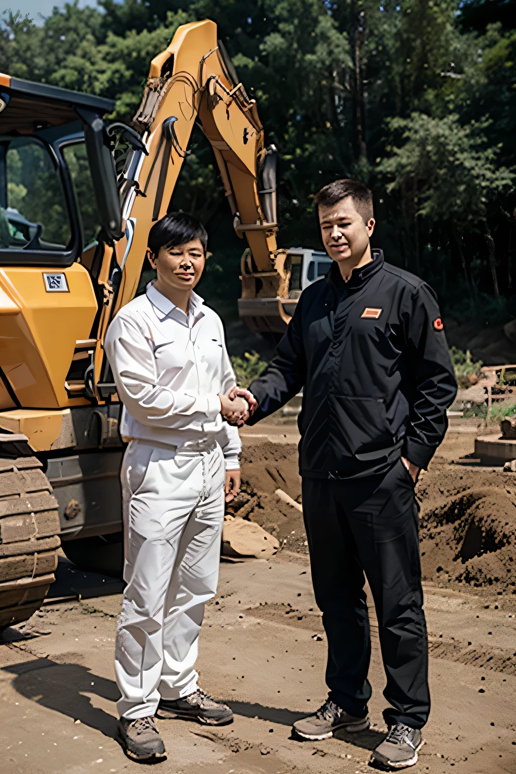 Photo of a Chinese man and a white man shaking hands in front of an excavator