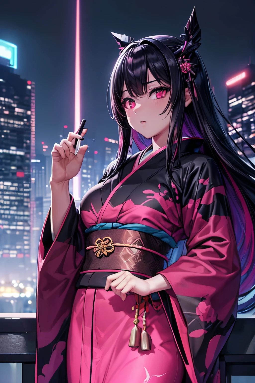 anime, (obra de arte, melhor qualidade, ultra-detalhado, alto contraste), 1 mulher (Sozinho, corpo todo, corpo plus size, standing on the edge of the skyscraper, cabelo prateado, CABELO LONGO E FLUXO, olhos vermelhos brilhantes de rubi, (kimono preto, black cybernetics with neon pink), meias pretas transparentes), (skyscraper roof, com vista para uma cidade, fundo detalhado ((night time, Darkness, low light pollution)))