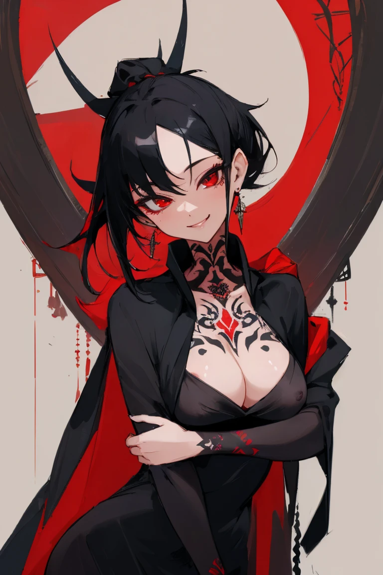 ((highest quality)), ((masterpiece)), (be familiar with),{{{nsfw}}},One female,Black Hair,Red eyes,Black Dress,Chest tattoo, Bewitching Smile,Heel,Black Hair,Hair tied around the neck,Black shawl