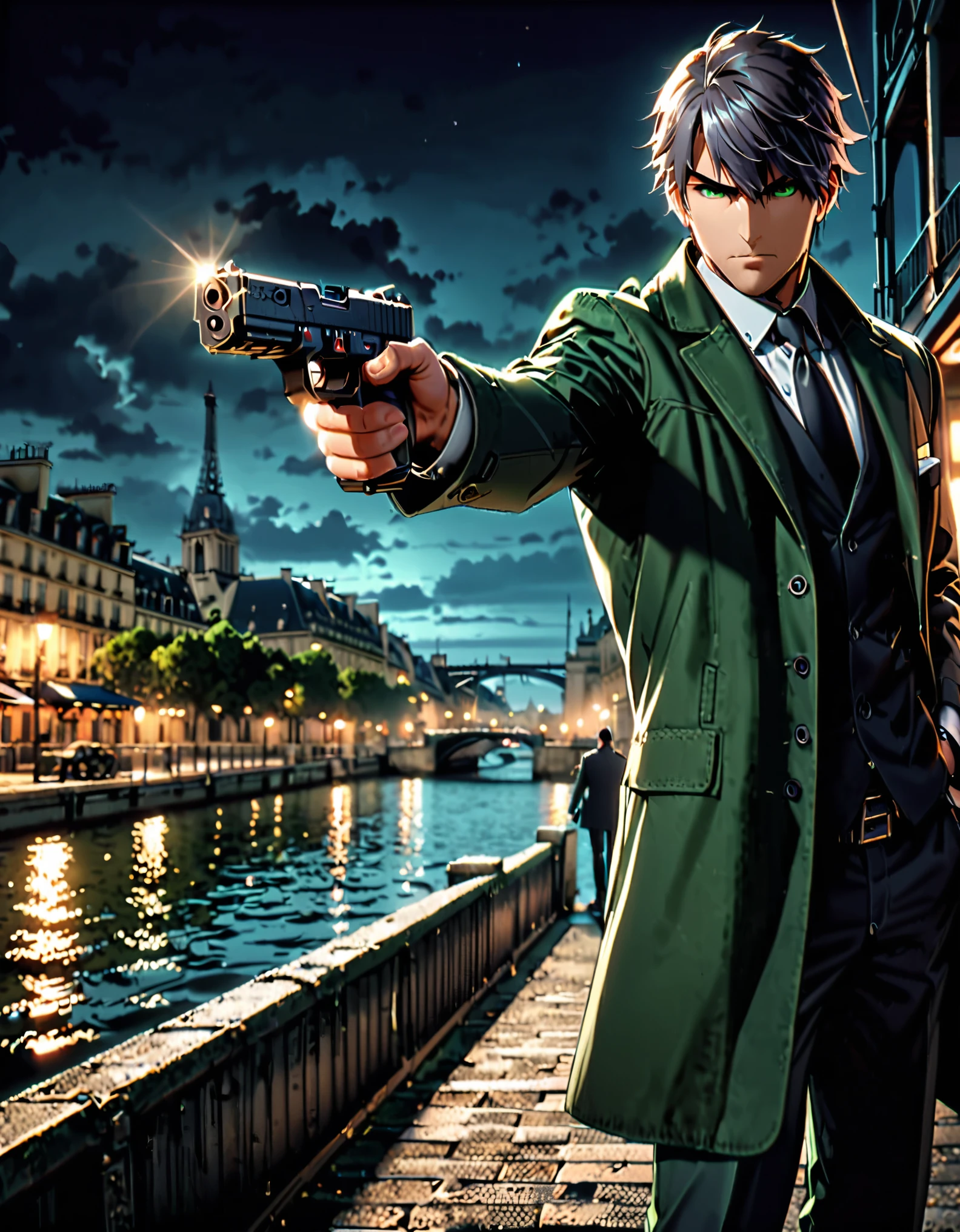 masterpiece, best quality, hyper detailed, ultra detailed, 1man, solo, solo focus, arafed french man in a coat, (pointing pistol at the viewer, glock17), tall body, middle-aged man, professional, relaxed but determined, serious but cool, he's a hitman in peacoat, he is wearing a green trenchcoat, darkgreen suit and tie, slacks, black dress shoes, full body and head shot, full body shoot, full-body-shot, fullbody shot, dock, paris, night backdrop, film noire atmosphere, reddish grey hair, green eyes, hair over one eye, secret agent, spy, midnight, noir lighting.