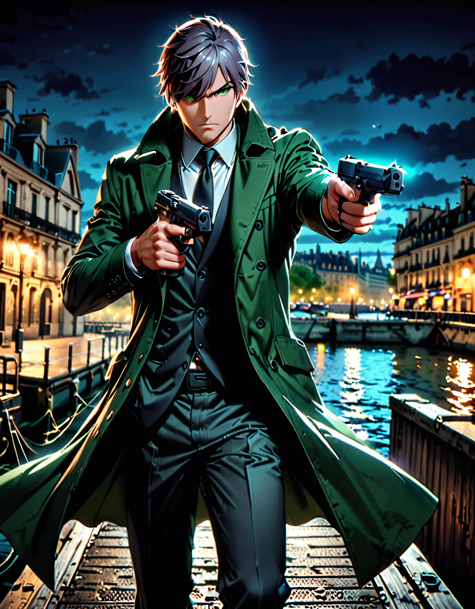 masterpiece, best quality, hyper detailed, ultra detailed, 1man, solo, solo focus, arafed french man in a coat, (pointing pistol at the viewer, glock17), tall body, middle-aged man, professional, relaxed but determined, serious but cool, he's a hitman in peacoat, he is wearing a green trenchcoat, darkgreen suit and tie, slacks, black dress shoes, full body and head shot, full body shoot, full-body-shot, fullbody shot, dock, paris, night backdrop, film noire atmosphere, reddish grey hair, green eyes, hair over one eye, secret agent, spy, midnight, noir lighting.