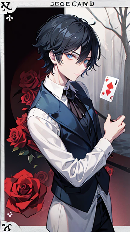 male black hair blue eyes short hair in the forest white cutter shirt Pose with movement one person Black vest Decisive pose coat masterpiece Highest image quality noise removal clear parts cinematic shadow Increased attractiveness of the eyes clear parts the shine of the eyes Draw eyelashes neatly perfect eyes detailed eyes Sharpen image quality Sharpen eye writing clear parts eye shape, (((Playing Card Joker Poker Card) with rose motif at the center with a stylized ornament))