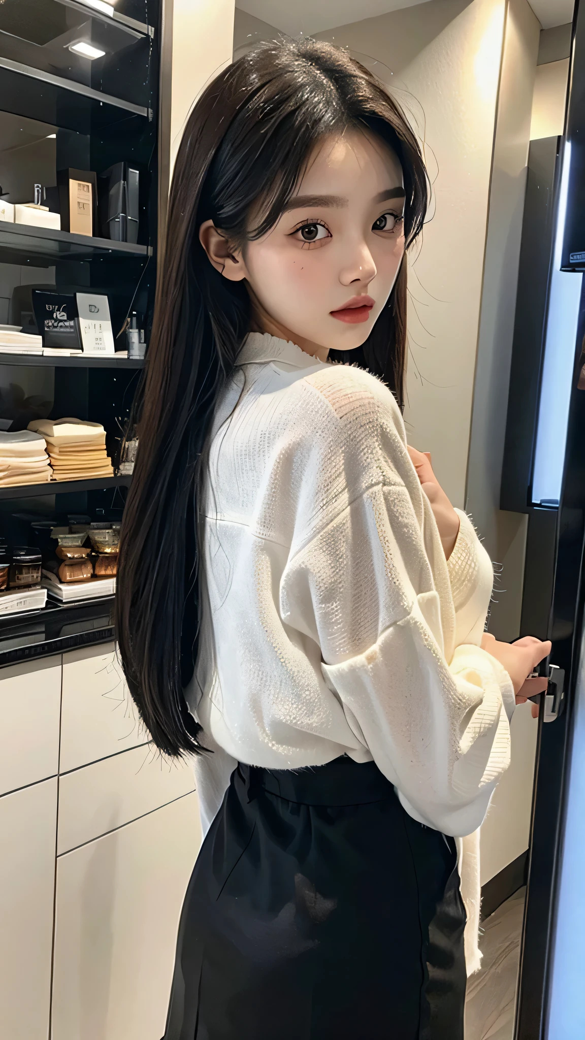 masterpiece、top-quality)、1 beutiful girl、Slim body、((Black and white plain clothes:1.1))、(Detailed beautiful eyes)、Walk around the store、((Boyish Brown Medium Hair))、((Smaller face))、((Neutral face))、((Face seen from the side))、((Light brown eyes))、((Korean Girl))、((25-years old))、((cool lady))、((Wild look))、((Korean Makeup))、((elongated and sharp eyes))、((Dating))、((looking distantly))、((boyish))、((Shot from the same height as your face))、((Viewers are tall))