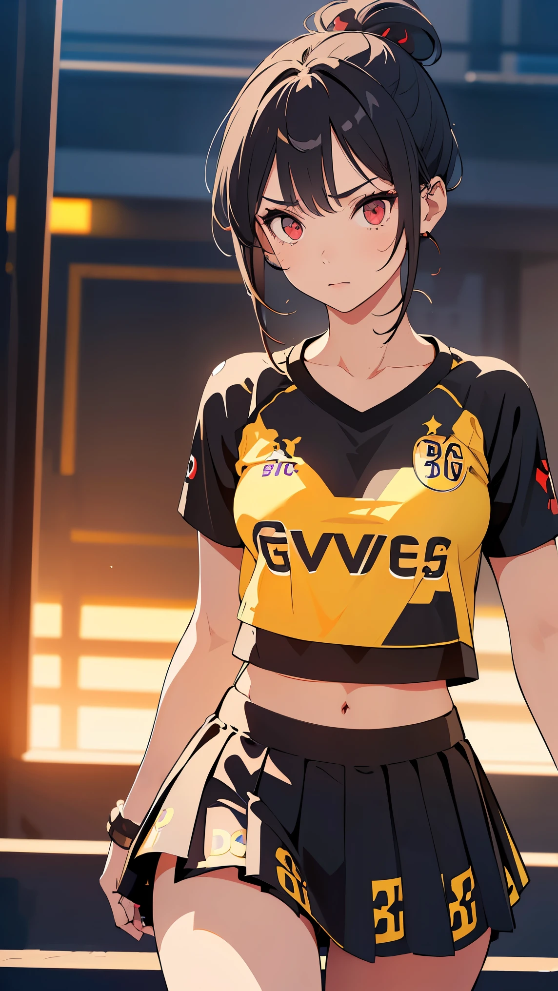 (Girl1,triangle face,red eyes),(black hair,top Knot hairstyle),((t-shirt Borussia Dortmund,t-shirt BVB,short skirt)),Very details CG, module, 8K wallpapers, top quality, high precision, beautiful lighting, realistic shade, high precision, detailed skin, very detailed, faces and detailed eyes, realistic eyes, cowboy shot