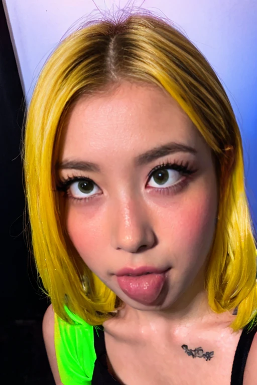 (ultra realistic),Photo, high quality, Analog Photography Ahegao , (low lighting), (neon atmosphere) light background ,portrait of a girl, Ahegao, blonde,chölka, view from above, detailed eyes,