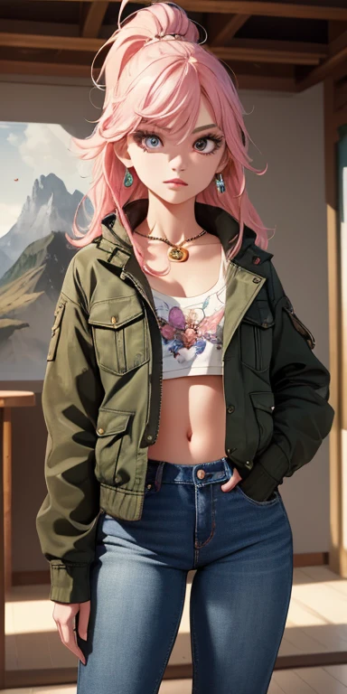 (master piece, best quality, ultra-detailed, Tall, best illustration), (((full body))), centered, perfect face, ((alone, focus alone)), side lighting, Glossy Skin,( bloom), (glow), ray tracings 1girl, jewelry , alone, earrings, jacket, navel, diaphragm, pink hair, makeup, denim, red eyes, crop top, long hair, eyeshadow, necklace, hands in pockets, cropped jacket, outfit jeans, clothing jacket jeans, ink splatter, nose, cleavage, open jacket, tattoo, scruffy lips, Clothes writing, mountainland_country_mountain_country, City background, Very detailed background, Extreme light and shadow,( Detailed eyes), ( beautiful) beautiful detailed eyes, perfect lighting, perfect anatomy, (extremely detailed 8k illustrated wallpaper), (masterpiece), (best quality), (ultra detailed),(best illustration), (Best shadow), vivid colors