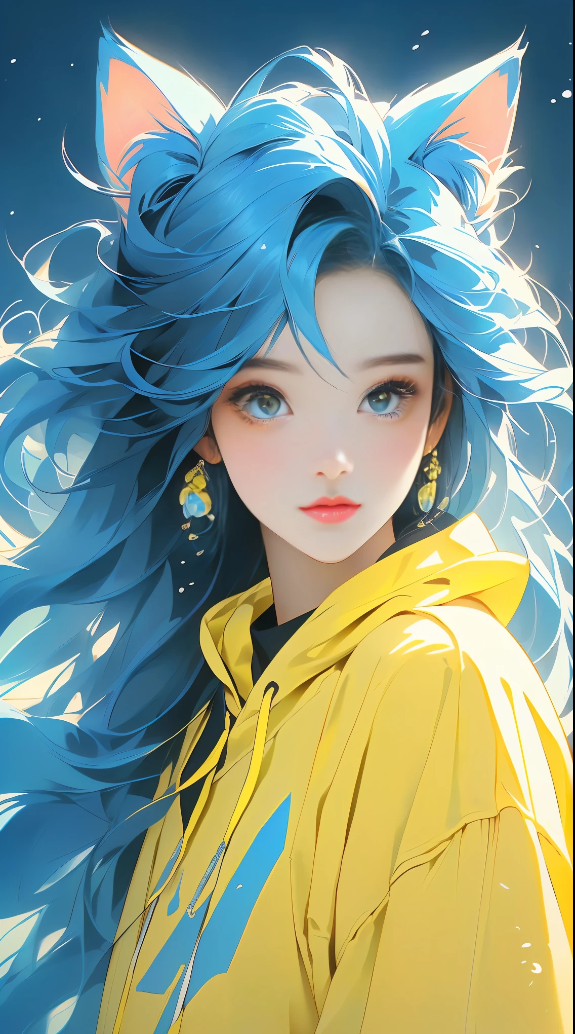 Wearing a large hoodie with transparent cat ears, Heterogeneous eyes: yellow and blue, Heterogeneous eyes: yellow and blue, Heterogeneous eyes: yellow and blue, Heterogeneous eyes: yellow and blue, Heterogeneous eyes: yellow and blue, Heterogeneous eyes: yellow and blue, Fantasy realism style with white tones。Incredibly beautiful。For high-resolution and ultra-high-resolution images, Fantasy realism style with white tones。Incredibly beautiful。For high-resolution and ultra-high-resolution images, Fantasy realism style with white tones。Incredibly beautiful。For high-resolution and ultra-high-resolution images, Random Neon