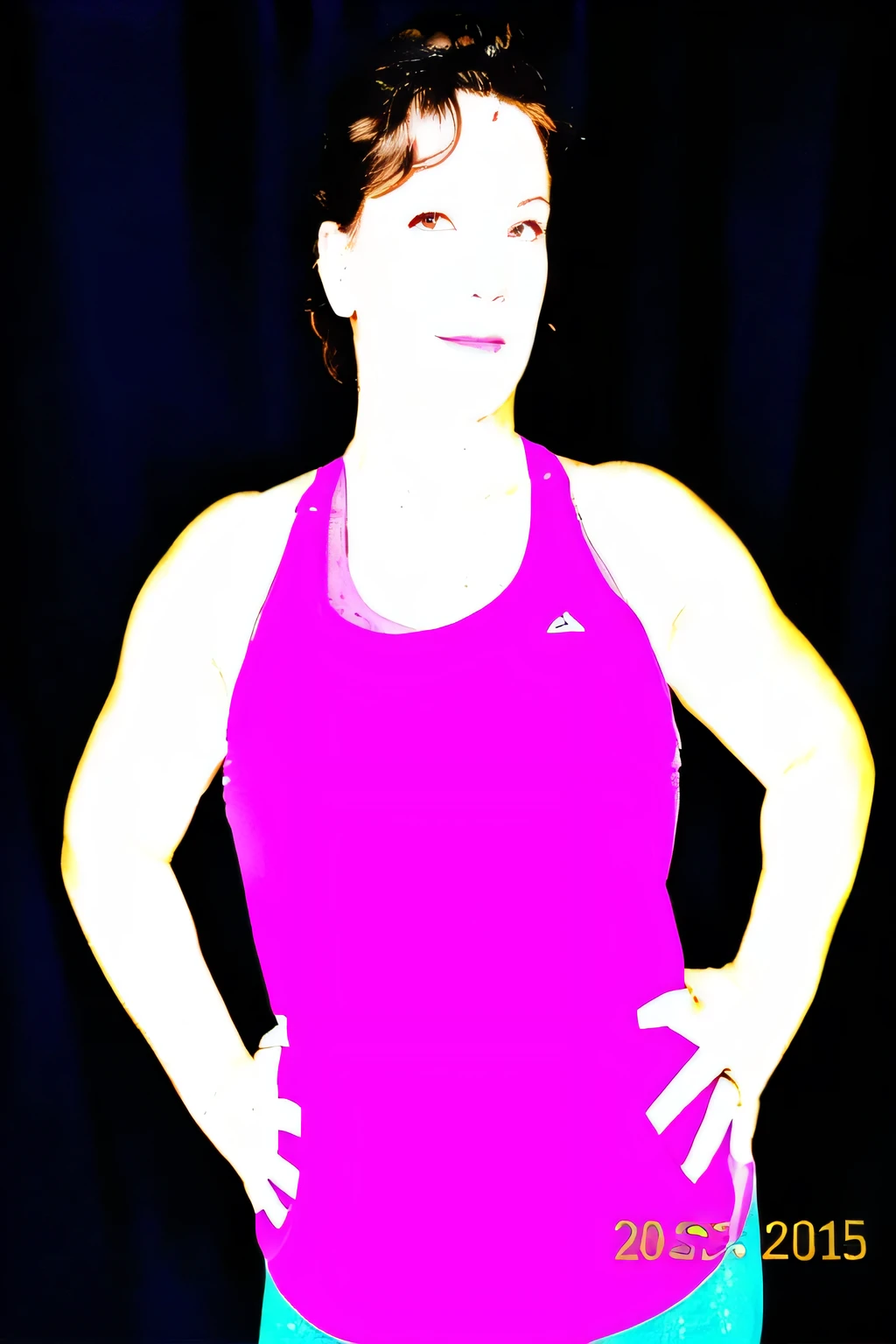 there is a woman in a pink tank top posing for a picture, glamour shot, mid body portrait, half-body shot, half - body shot, fit pic, hard lighting!, full photo, photo shoot, frontal pose, posing in dramatic lighting, upper body shot, full body portrait shot, violet tight tanktop, half body shot, full body and head shot
