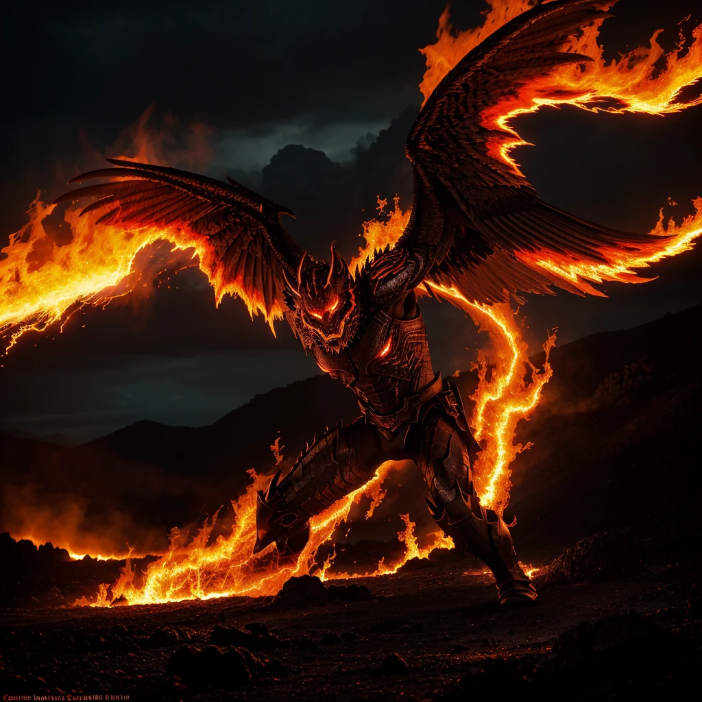 (best quality,4k,8k,highres,masterpiece:1.2),ultra-detailed,(realistic,photorealistic,photo-realistic:1.37),Lava Demon,volcanic rock texture,fiery red and orange colors,menacing gaze,sharp fangs,lava-like flowing hair,smoke and fire billowing around,burning hot atmosphere,powerful muscular body,sinister smile,demonic horns,cracked volcanic ground,glowing lava cracks,ominous dark sky,threatening stance,glowing eyes and molten tears,dramatic lighting,sharp shadows,smoldering lava background,fiery aura,wisps of smoke,unearthly glow,menacing presence,evil sorcerer-like appearance,demonic wings,hidden in the shadows,ominous and intense energy,ominous symbols glowing on the skin,demonic energy emanating,ominous aura,dark and fiery silhouette,dynamic and intense pose,ominous and powerful creature,high contrast,fiery and vibrant colors,dangerous and awe-inspiring