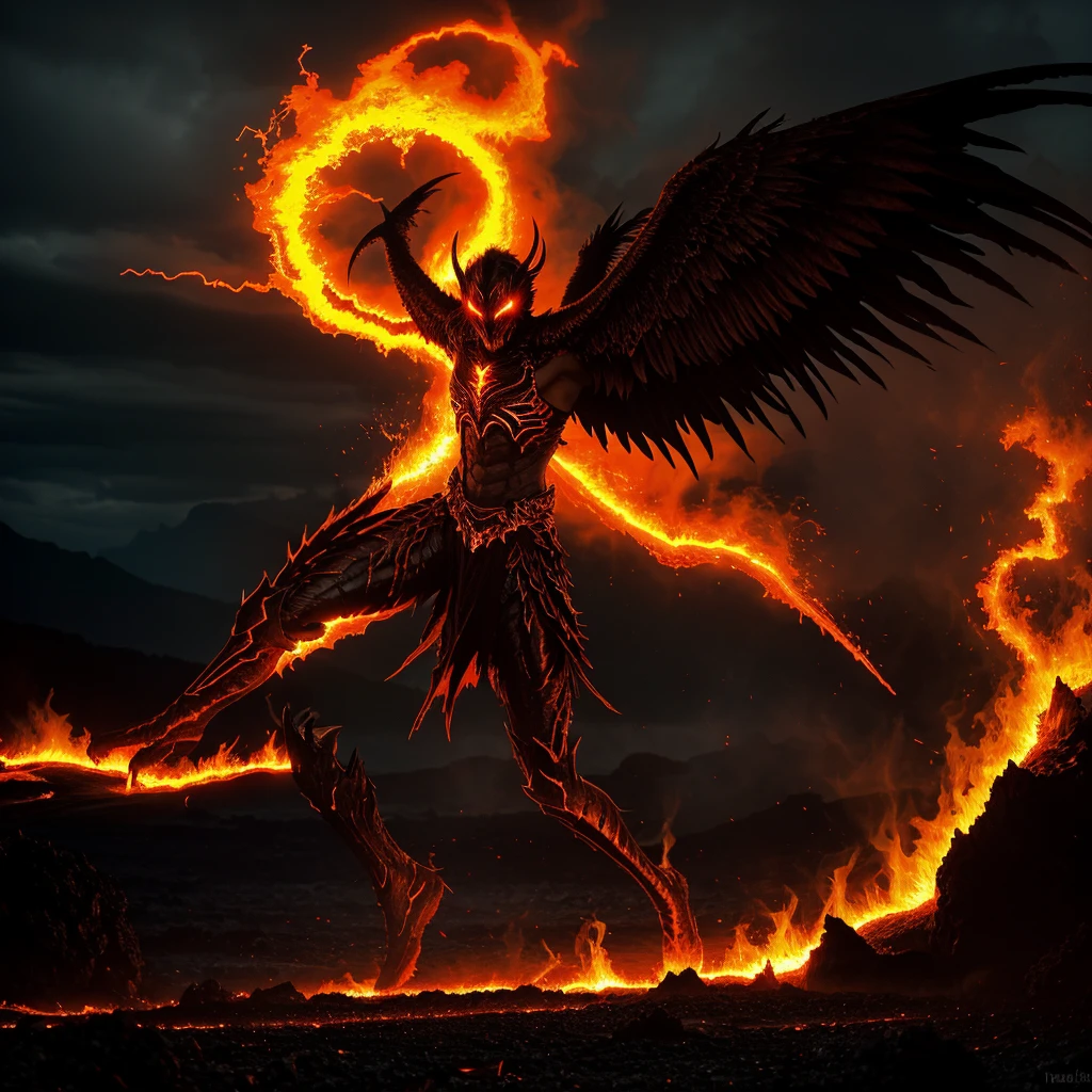(best quality,4k,8k,highres,masterpiece:1.2),ultra-detailed,(realistic,photorealistic,photo-realistic:1.37),Lava Demon,volcanic rock texture,fiery red and orange colors,menacing gaze,sharp fangs,lava-like flowing hair,smoke and fire billowing around,burning hot atmosphere,powerful muscular body,sinister smile,demonic horns,cracked volcanic ground,glowing lava cracks,ominous dark sky,threatening stance,glowing eyes and molten tears,dramatic lighting,sharp shadows,smoldering lava background,fiery aura,wisps of smoke,unearthly glow,menacing presence,evil sorcerer-like appearance,demonic wings,hidden in the shadows,ominous and intense energy,ominous symbols glowing on the skin,demonic energy emanating,ominous aura,dark and fiery silhouette,dynamic and intense pose,ominous and powerful creature,high contrast,fiery and vibrant colors,dangerous and awe-inspiring