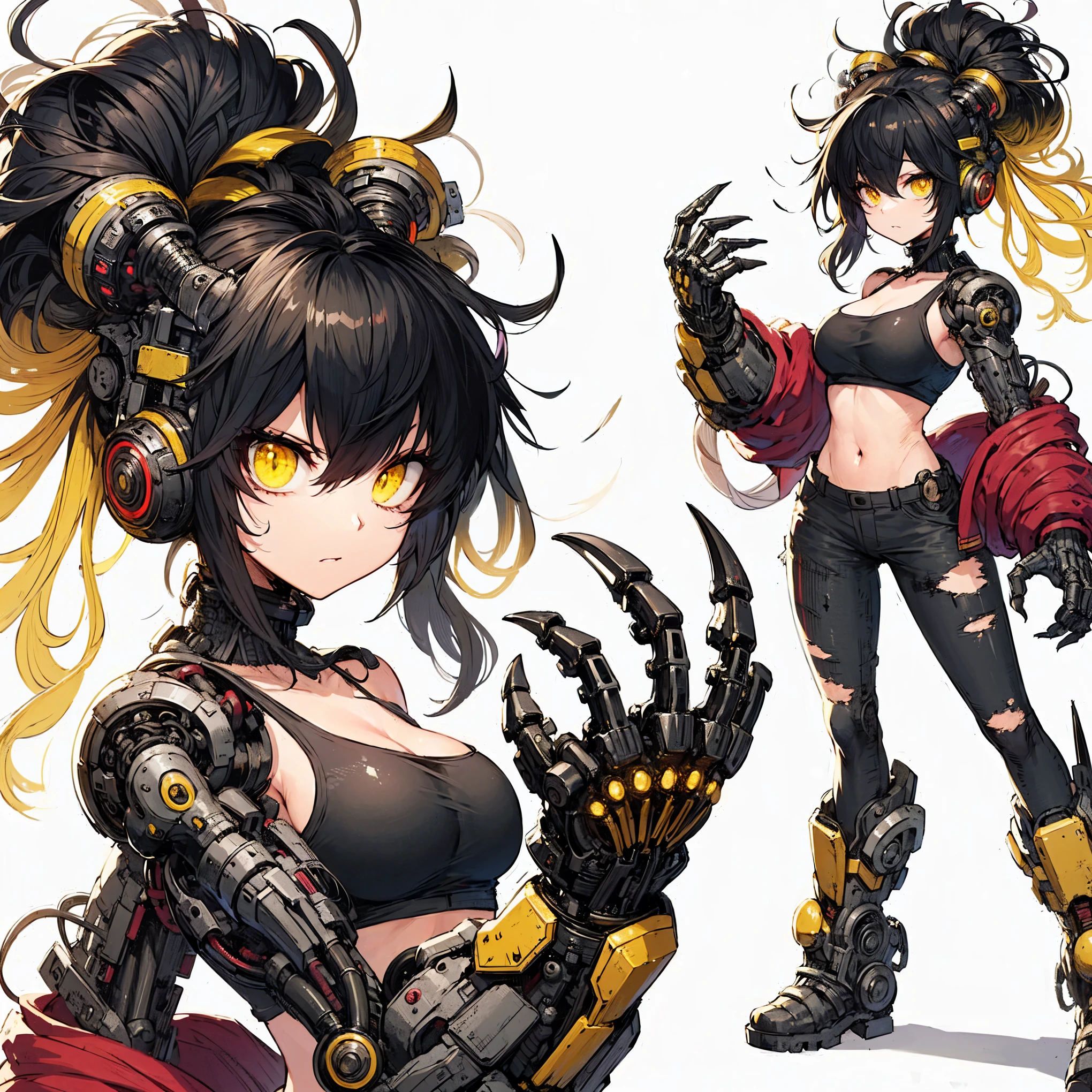 (Masterpiece, top quality), (detailed hair), super detailed, anime style, full body, solo, concept art, science fantasy fighter girl, topknot black hair mixed with yellow hair, gold eyes, right hand converted to terrifying claw. Left hand is bare fist, cyber-suits, and red muffler, cyber horned, wearing long boots, white background, whole body, standing in wasteland,

