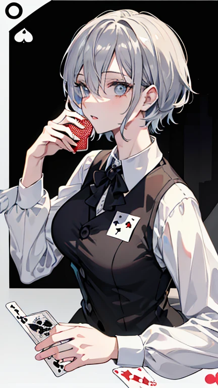 female　grey hair　caramel eyes　short hair　in the forest　white cutter shirt　Pose with movement　one person　Black vest　Decisive pose　doctor gown　masterpiece　Highest image quality　noise removal　clear parts 　cinematic shadow　Increased attractiveness of the eyes　clear parts the shine of the eyes　Draw eyelashes neatly　perfect eyes　detailed eyes　Sharpen image quality　Sharpen eye writing　clear parts eye shape, (((Playing Card Joker Poker Card) with rose motif at the center with a stylized ornament)),  chains, grasping the chain hard, holding a prefect apple in her hand