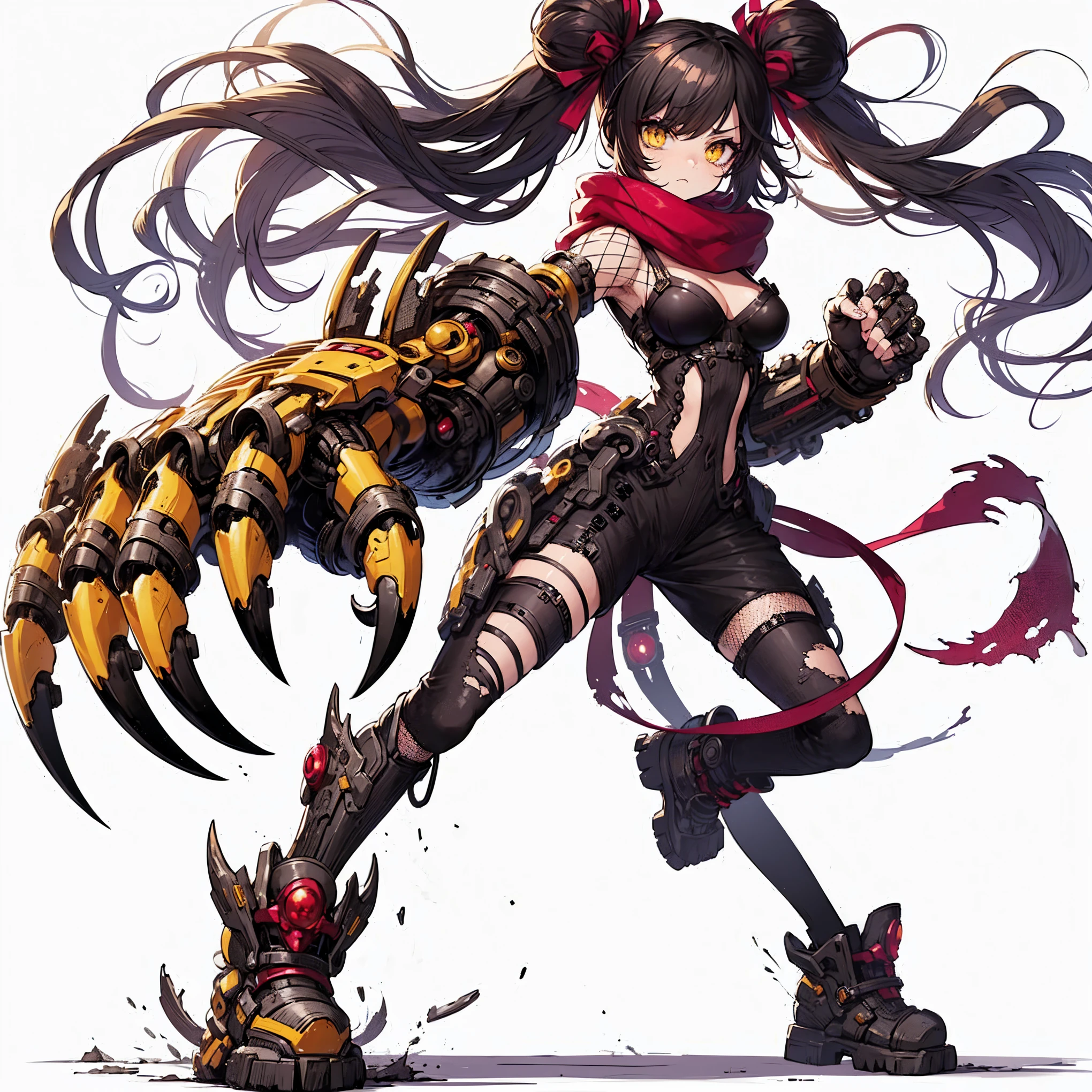 (Masterpiece, top quality), (detailed hair), super detailed, anime style, full body, solo, concept art, science fantasy fighter girl, topknot black hair mixed with yellow hair, gold eyes, right hand converted to terrifying claw. Left hand is bare fist, cyber-suits, and red muffler, cyber horned, wearing long boots, white background, whole body, standing in wasteland,