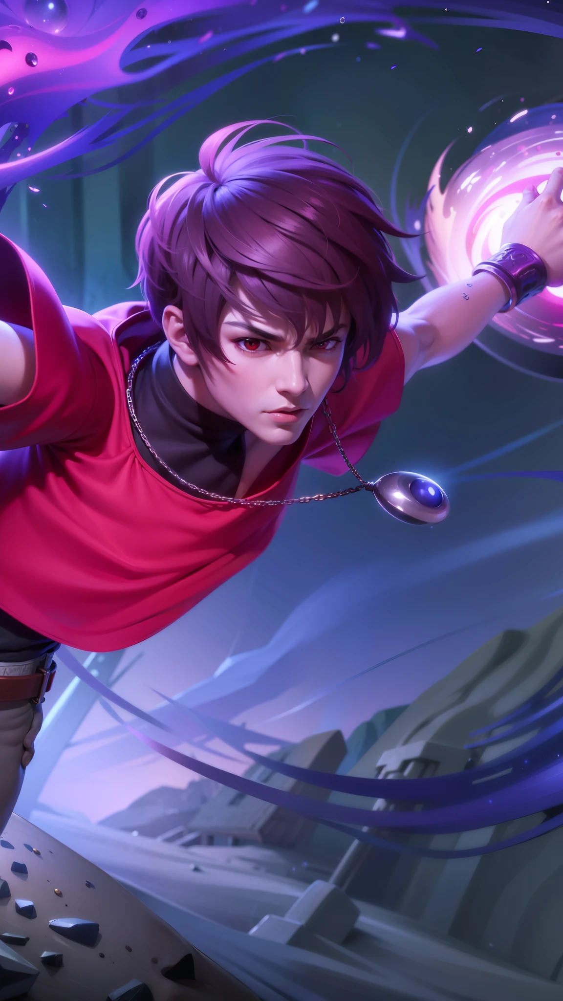 boy with purple hair and red shirt holding a purple ball, Masterpiece, ultra HD, detailed all picture, a close up of a devil, dyrroth from mobile legend, evil, extremely detailed artgerm, mobile legends character, inspired by Dyrroth, Six pack chest and abs, black jewel above the chest, red eyes, glare.