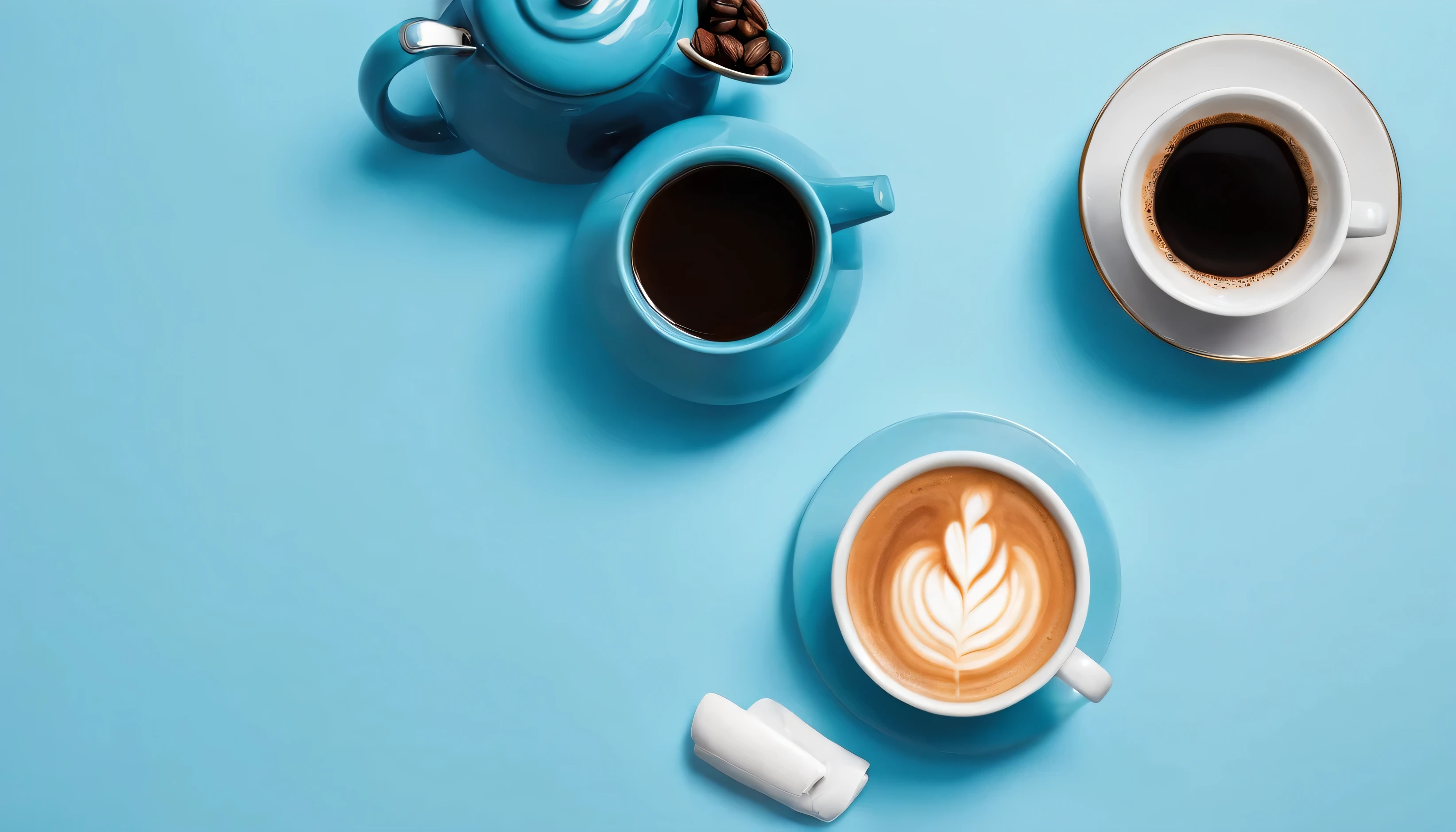a coffee pot and a cup of coffee seen from above, background azul marinho, obra de arte, 8k, high resolution