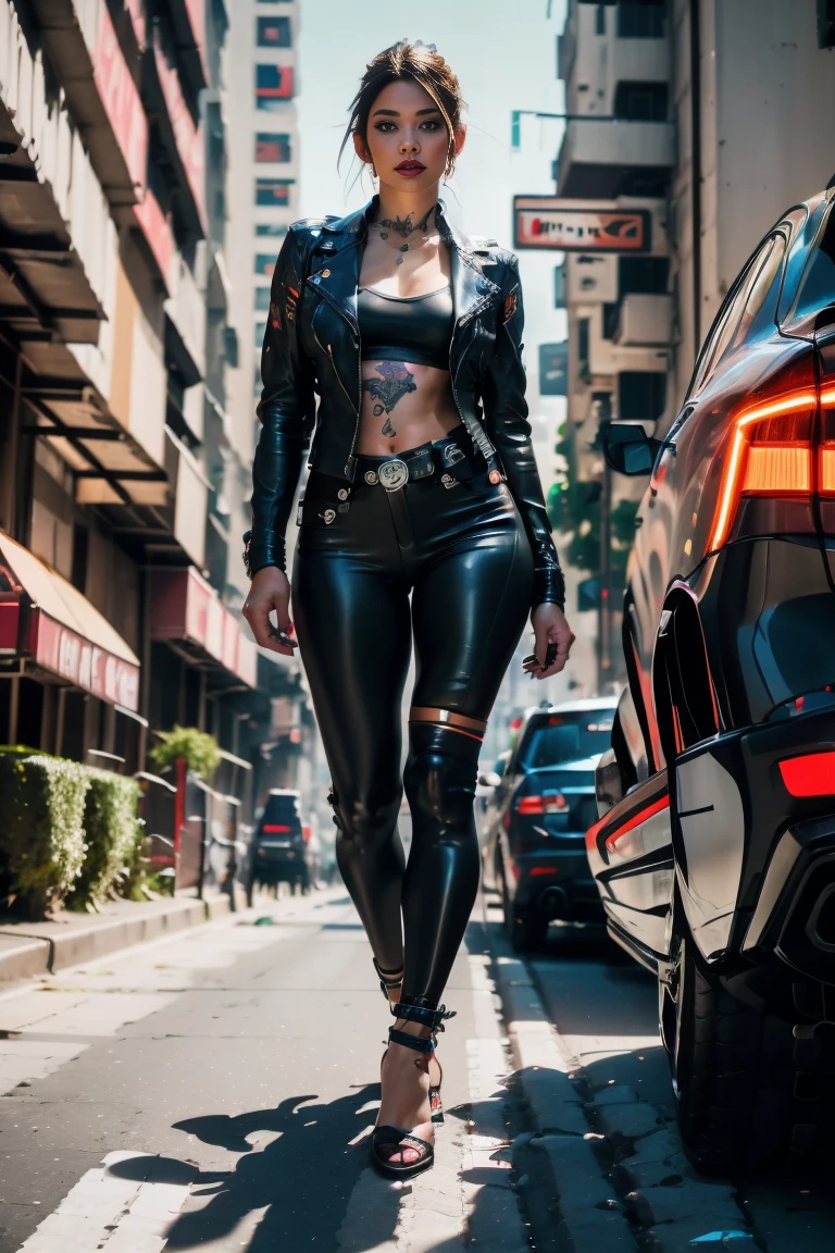 (best quality, 4k, 8k, highres, masterpiece:1.2), ultra-detailed, (realistic, photorealistic, photo-realistic:1.37), Street, motorcycle, Sexy cyborg girl sitting on motorcycle, french braid, blonde hair, cyberpunk, futuristic, neon lights, vibrant colors, urban background, sleek design, long legged girl, curvy body, fierce eyes, leather jacket, full lips, strong and confident pose, dynamic perspective, fast moving traffic, cityscape reflection, chrome exhaust pipes, engine roaring, tattoos covering arms, concrete jungle, hidden tattoos, high-tech prosthetic, metallic body parts, enhanced vision, technology integration, seamless fusion of human and machine