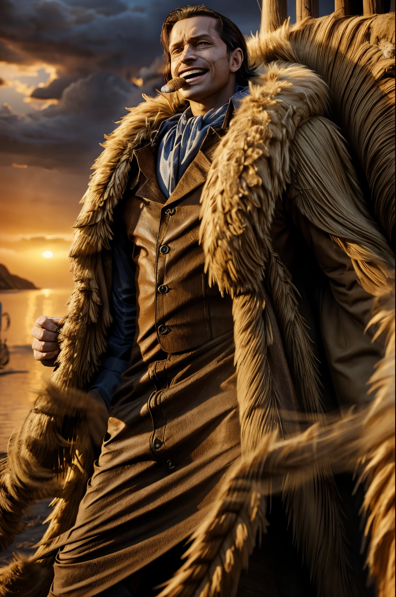 masterpiece, best quality, extremely detailed, hyperrealistic, photorealistic, a cool 40s man, ultra detailed face:1.2, fur-trimmed coat, scarf around the neck, his left hand is a golden pirate hook:1.1, on the pirate ship, sunrise:1.1, cigar, laughing, dynamic pose
