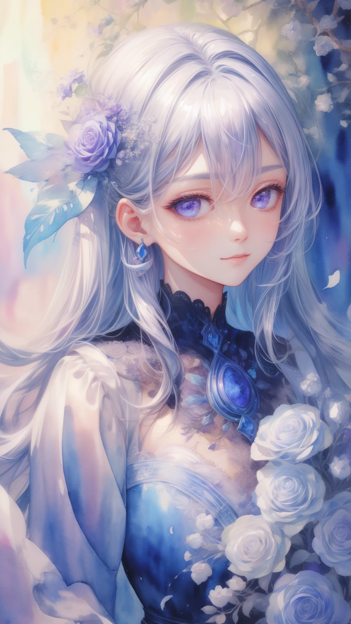 best pictures、illustration、detail、(watercolor painting:1.4)、(Hand Painted:1.2)、(Watercolor brush bristles)、 Masterpiece: 1.7, top quality、solo、ish、sketch、paper texture、ultra high resolution、extra detaild face、Highly detaild eyes、flat color、limited pallet、high contrast、realistic、best lighting、welcome、beautiful、goblin、a mature woman、beautiful woman、purple jewel eye, silver shiny hair、straight long hair、Long hair with visible forehead、sexy longbangs,blue gemstone、a little smile、Blanche:1.5、(Zentangle、mandala、dispute、twist:1)、flowers in background、many flowers,upper body