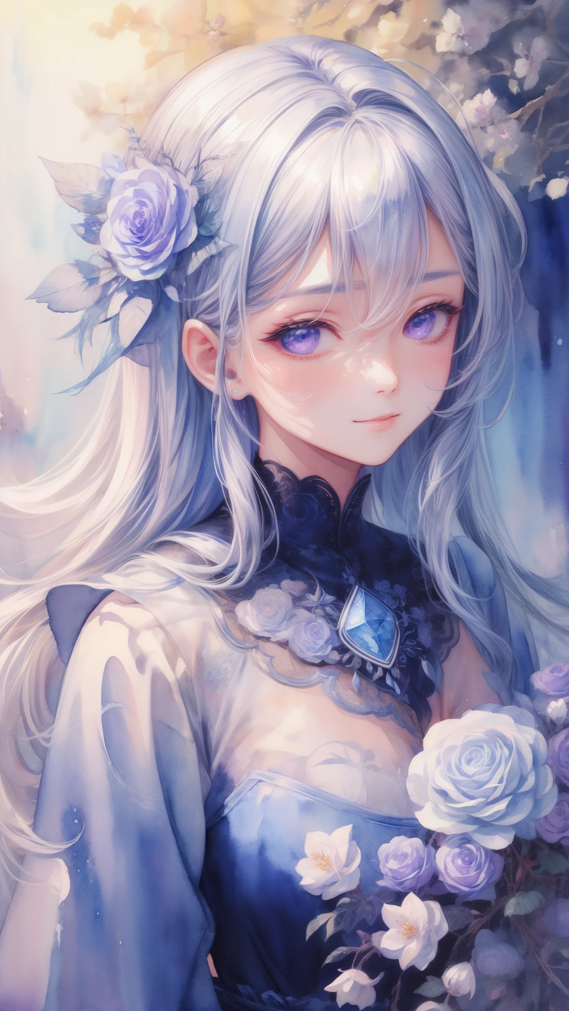 best pictures、illustration、detail、(watercolor painting:1.4)、(Hand Painted:1.2)、(Watercolor brush bristles)、 Masterpiece: 1.7, top quality、solo、ish、sketch、paper texture、ultra high resolution、extra detaild face、Highly detaild eyes、flat color、limited pallet、high contrast、realistic、best lighting、welcome、beautiful、goblin、a mature woman、beautiful woman、purple jewel eye, silver shiny hair、straight long hair、Long hair with visible forehead、sexy longbangs,blue gemstone、a little smile、Blanche:1.5、(Zentangle、mandala、dispute、twist:1)、flowers in background、many flowers,upper body