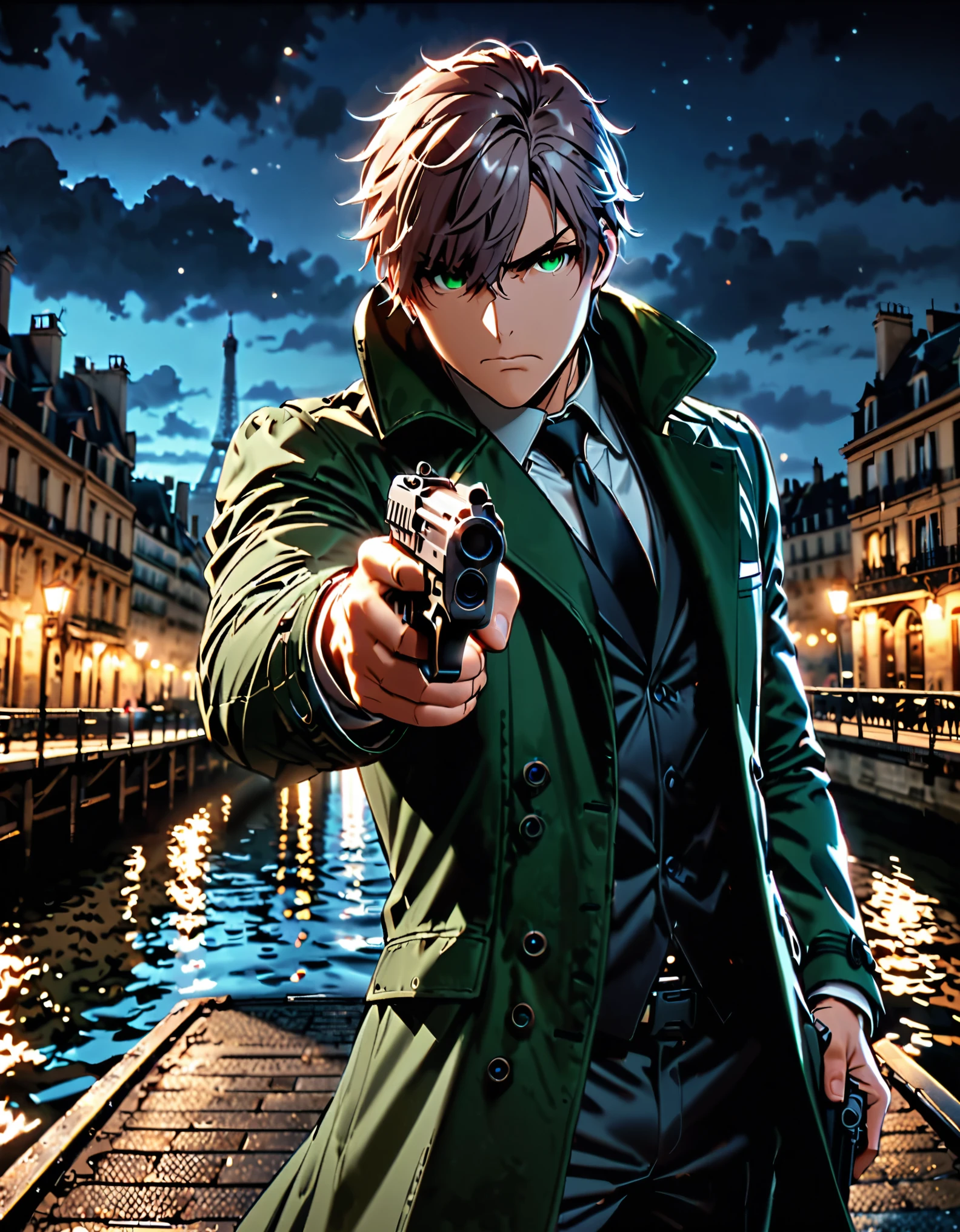 masterpiece, best quality, hyper detailed, ultra detailed, 1man, solo, solo focus, arafed french man in a coat, (pointing pistol at the viewer, glock17), tall body, middle-aged man, professional, relaxed but determined, serious but cool, he's a hitman in peacoat, he is wearing a green trenchcoat, darkgreen suit and tie, slacks, black dress shoes, full body and head shot, full body shoot, full-body-shot, fullbody shot, dock, paris, night backdrop, film noire atmosphere, reddish grey hair, green eyes, hair over one eye, secret agent, spy, midnight, noir lighting.